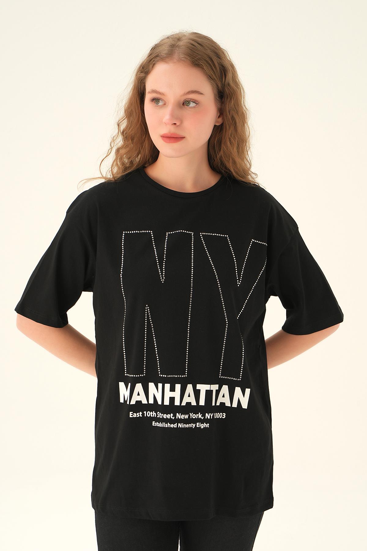 6744 NY İşlemeli Tişört Siyah 