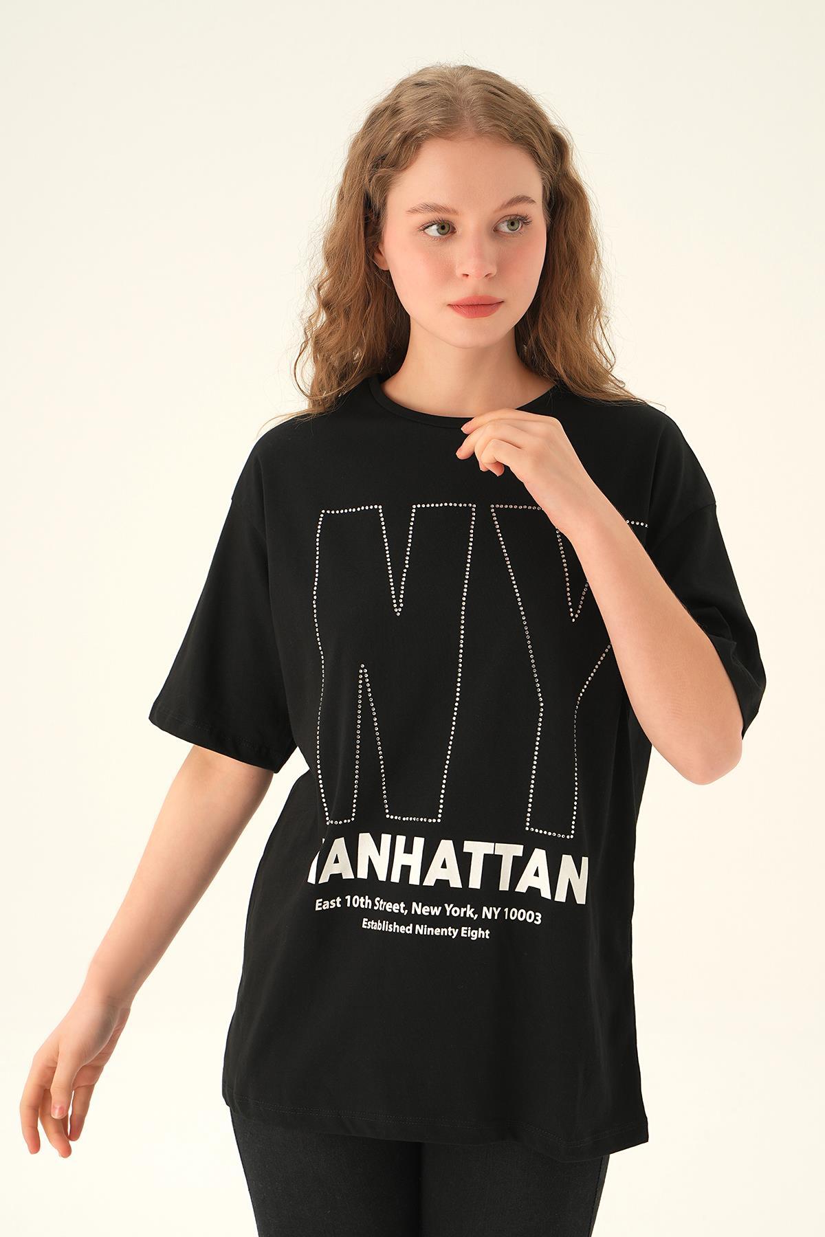 Siyah NY İşlemeli Tişört 6744 - 2