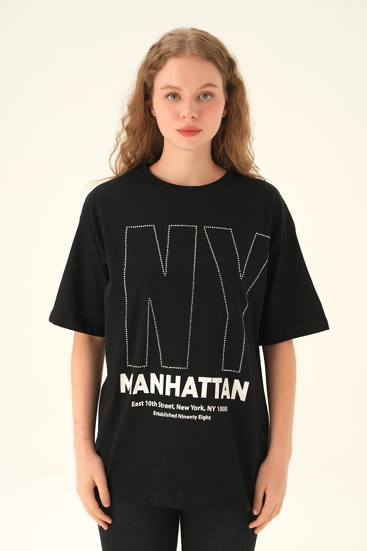 Siyah NY İşlemeli Tişört 6744 - 6