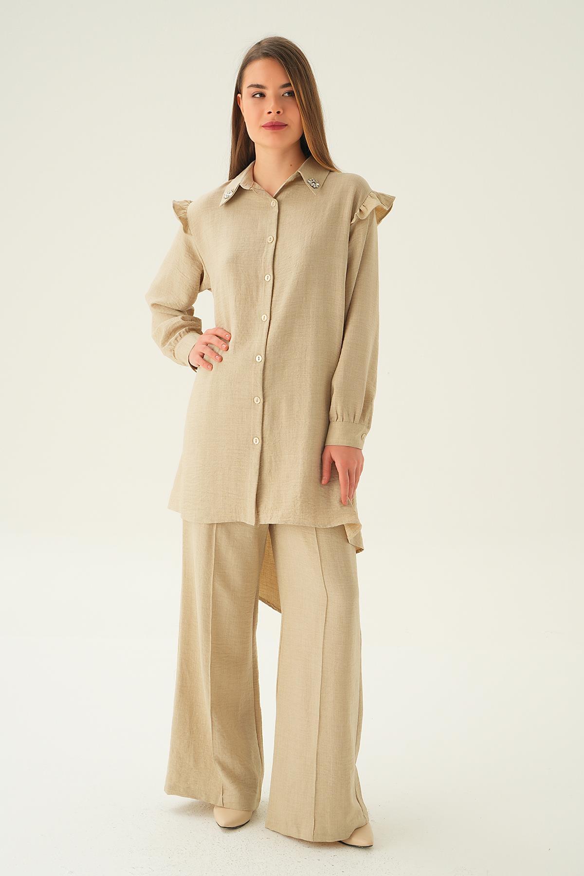 Bej Yaka Taşlı Tunik Pantolon Takım 6762A 
