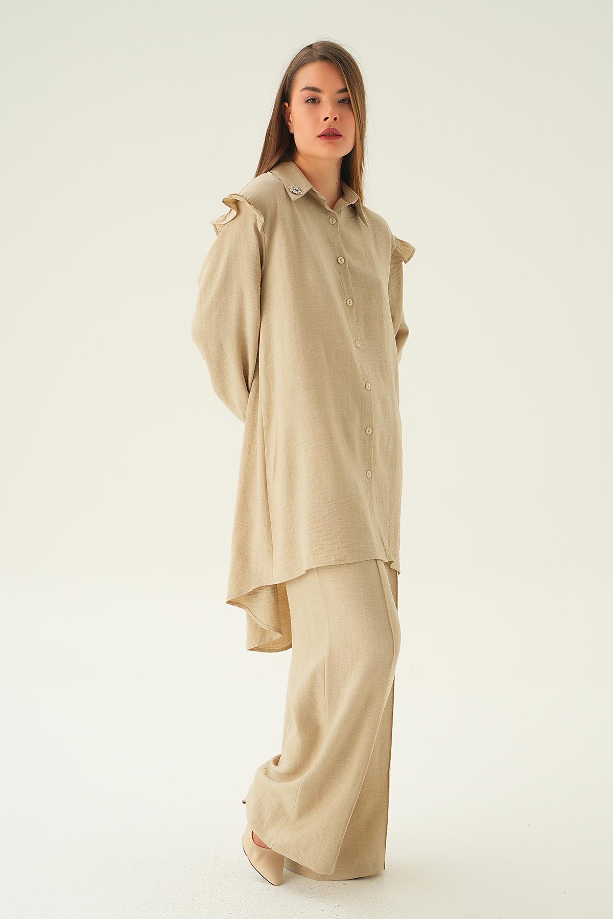 Bej Yaka Taşlı Tunik Pantolon Takım 6762A - 3