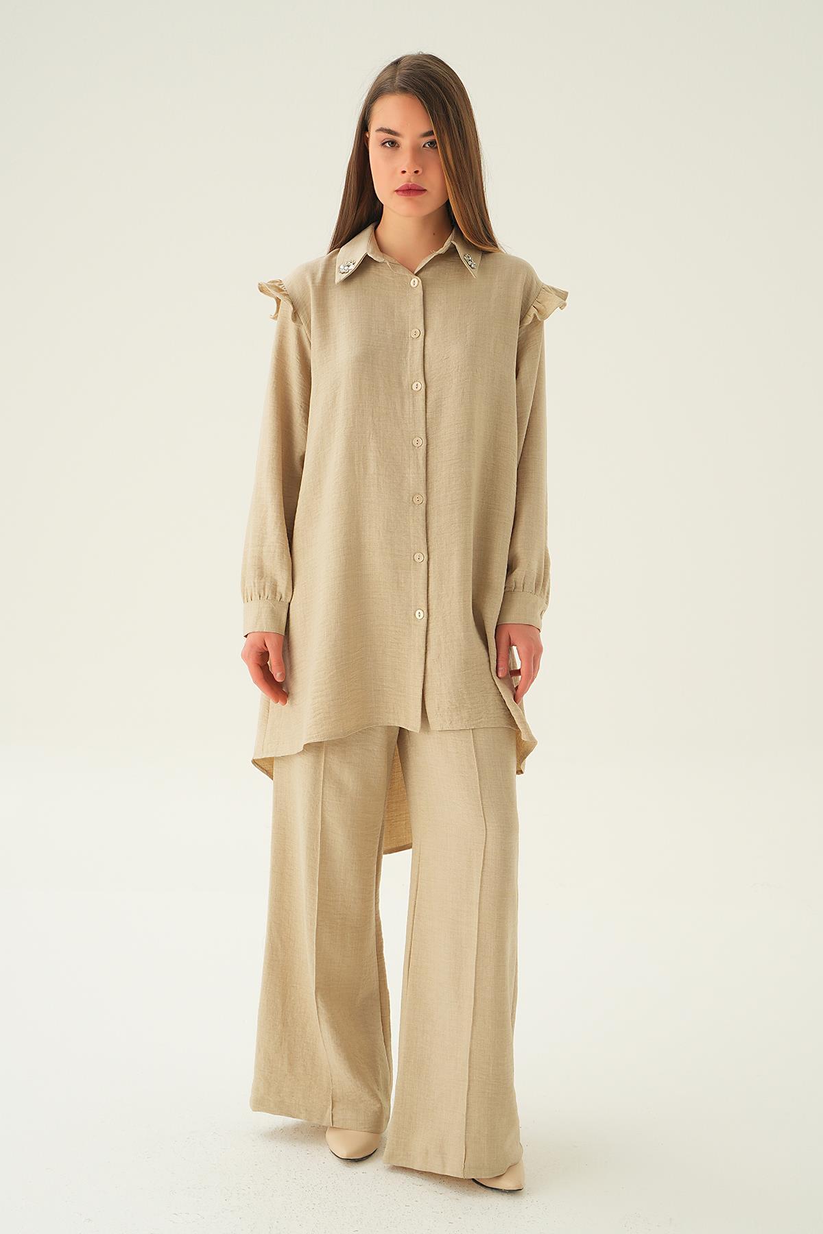 Bej Yaka Taşlı Tunik Pantolon Takım 6762A - 4