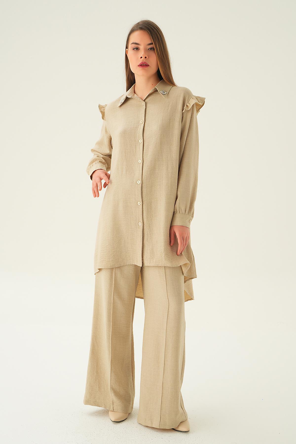 Bej Yaka Taşlı Tunik Pantolon Takım 6762A - 5