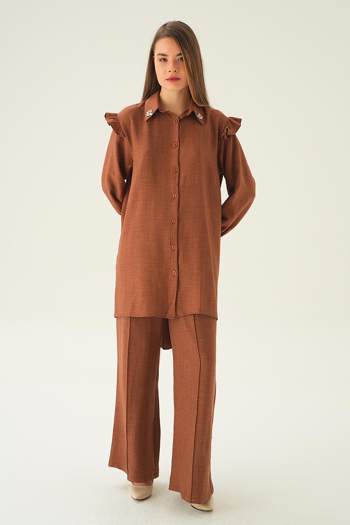 Kahve Yaka Taşlı Tunik Pantolon Takım 6762A - 1