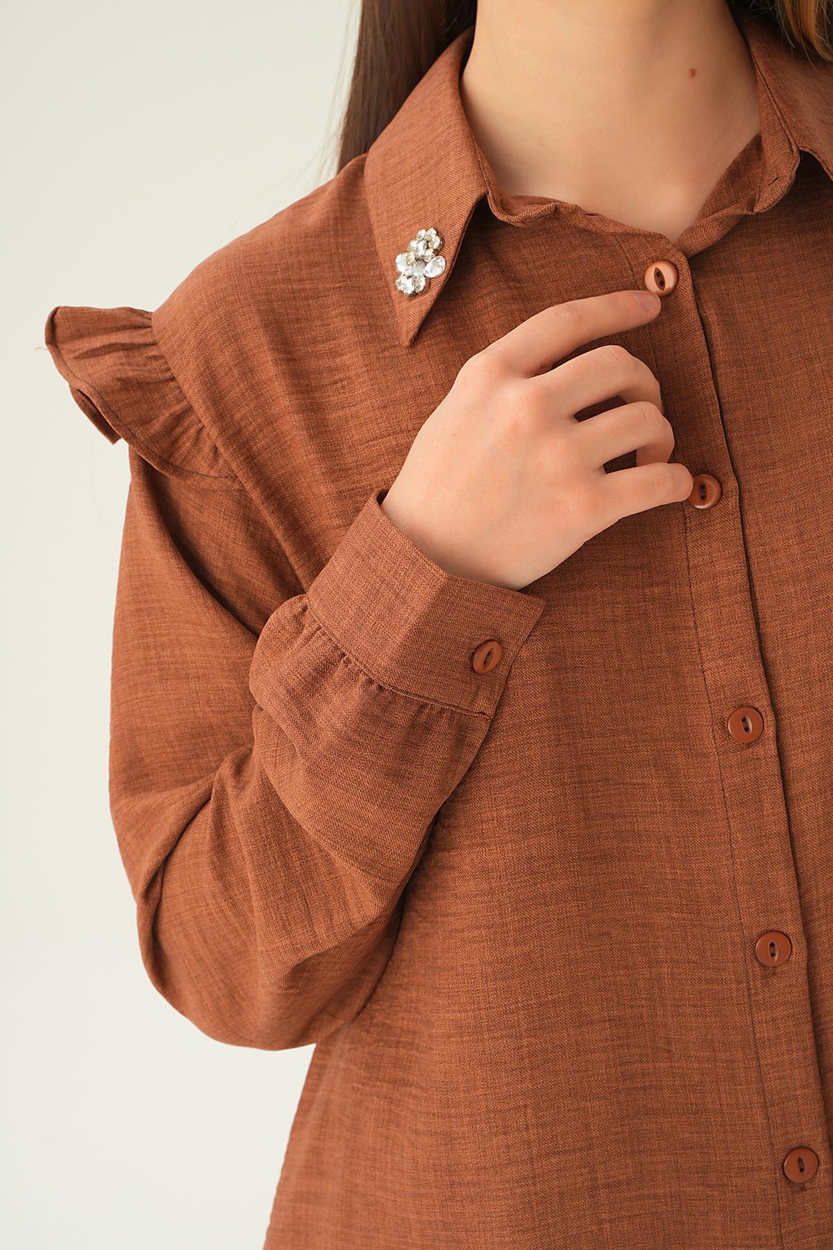 Kahve Yaka Taşlı Tunik Pantolon Takım 6762A - 2