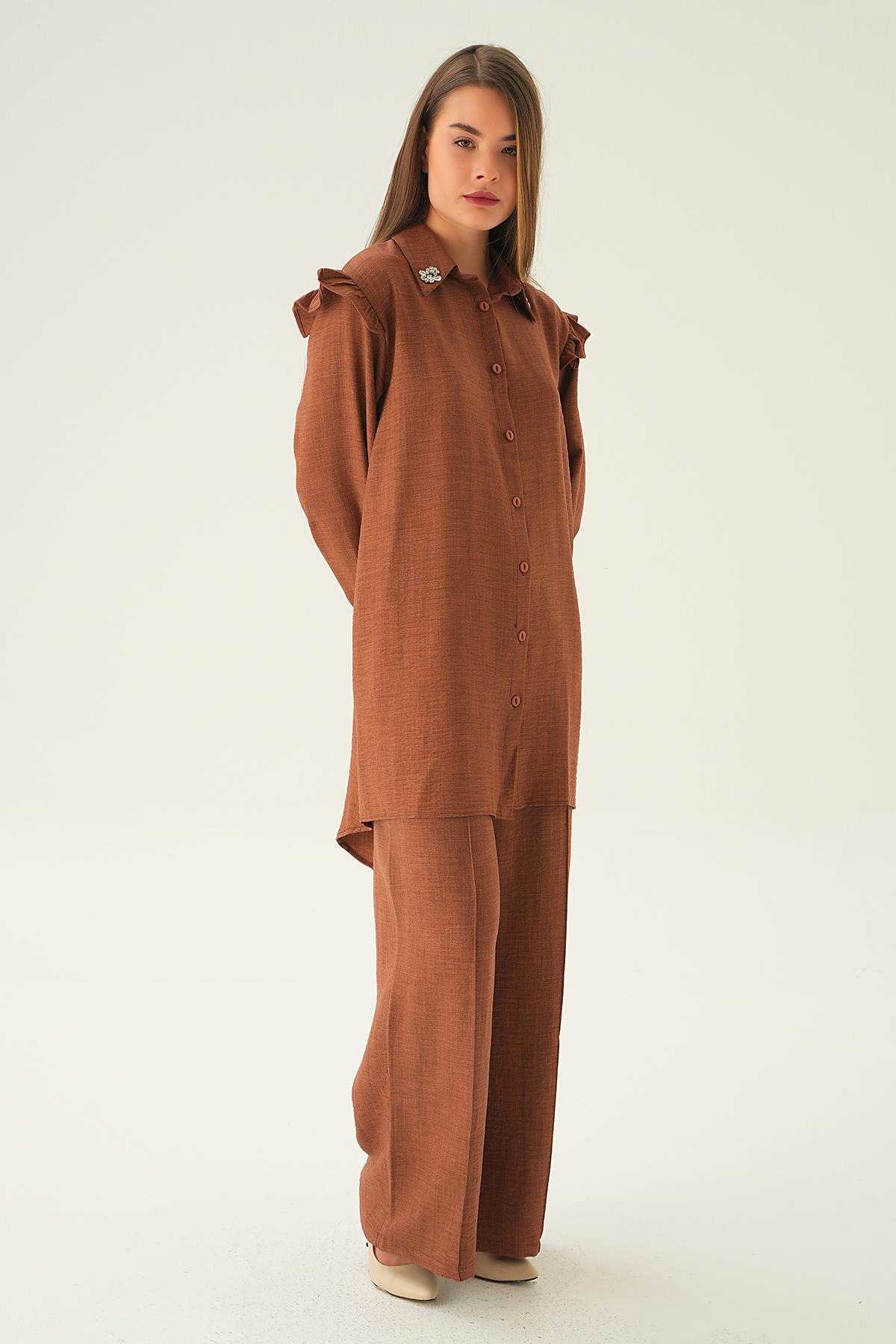 Kahve Yaka Taşlı Tunik Pantolon Takım 6762A - 3