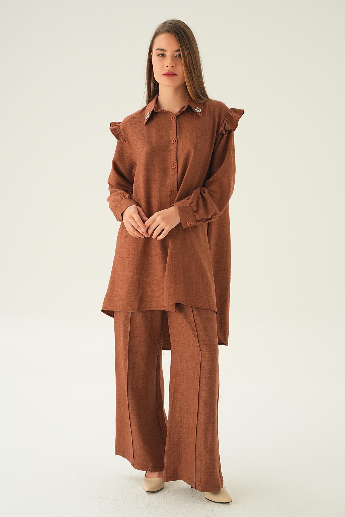 Kahve Yaka Taşlı Tunik Pantolon Takım 6762A - 4