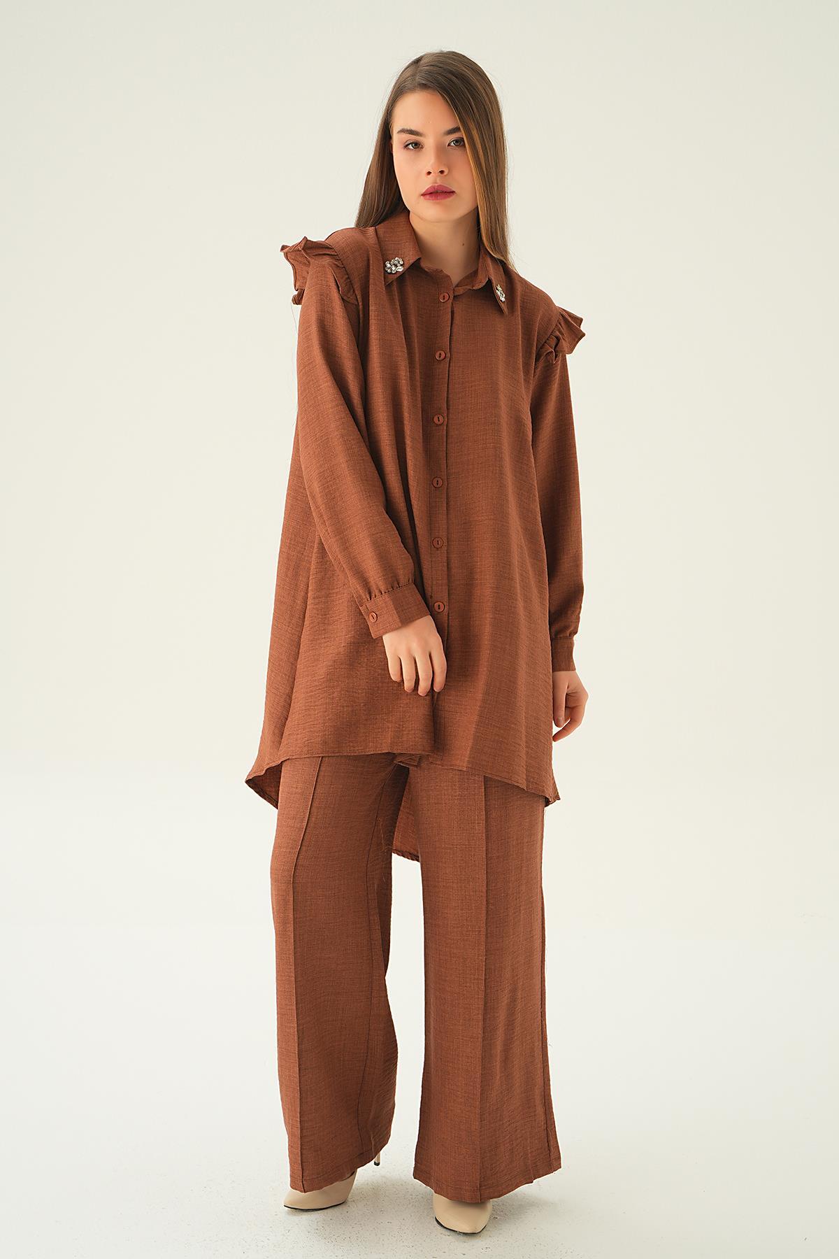 Kahve Yaka Taşlı Tunik Pantolon Takım 6762A - 5