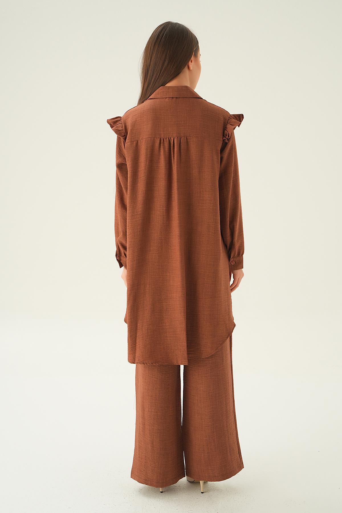 Kahve Yaka Taşlı Tunik Pantolon Takım 6762A - 6