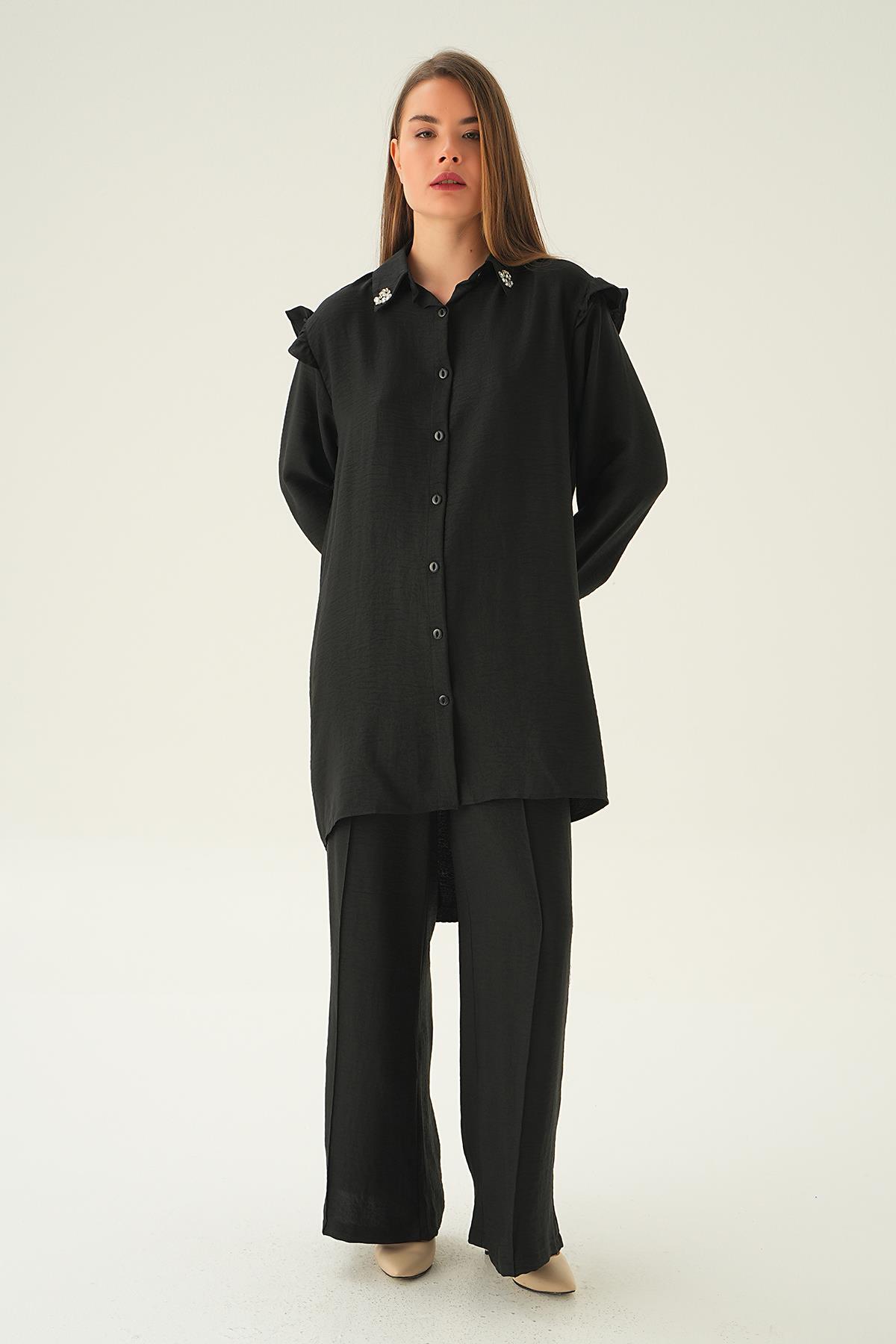 Siyah Yaka Taşlı Tunik Pantolon Takım 6762A - 1