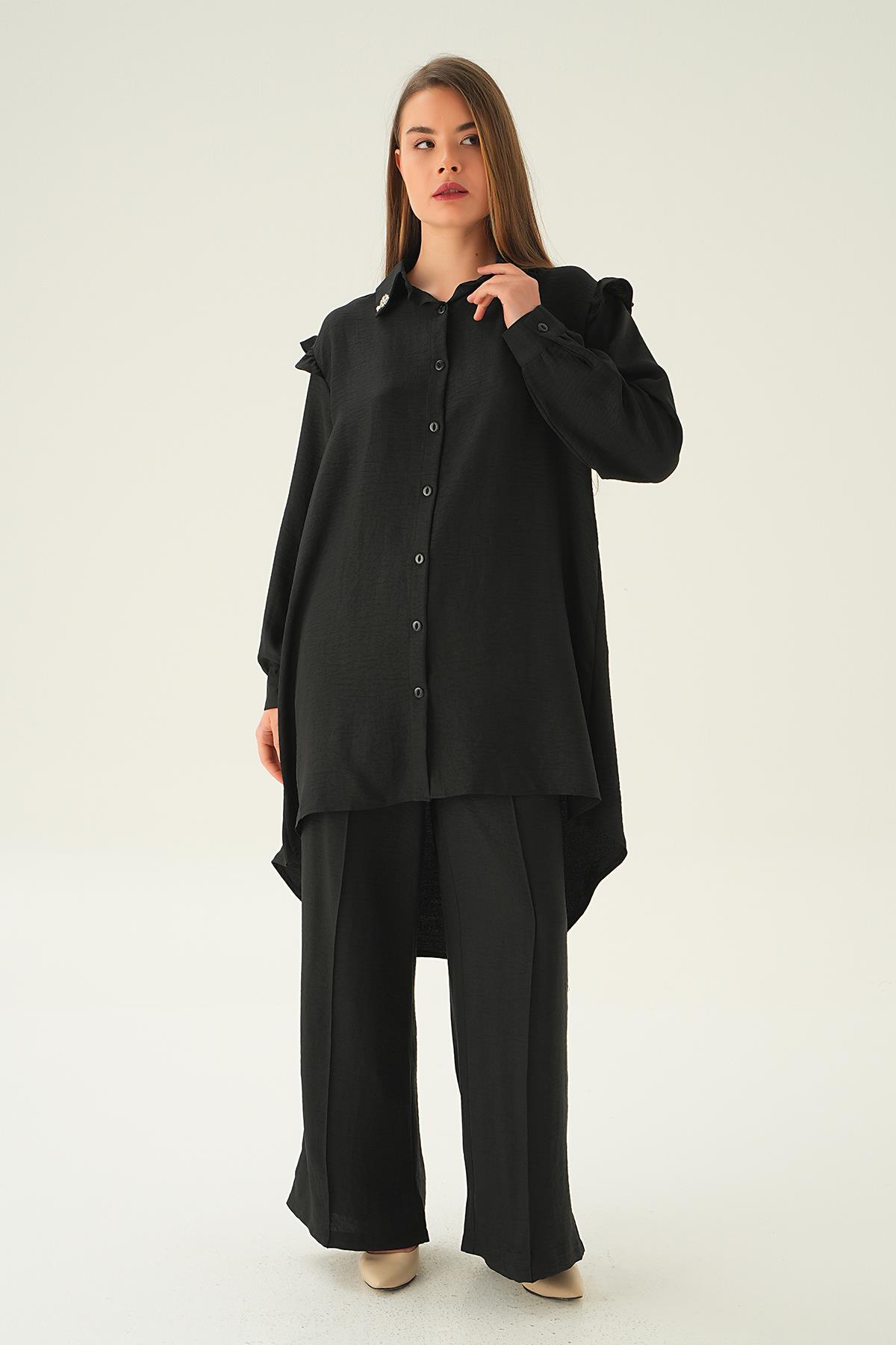 Siyah Yaka Taşlı Tunik Pantolon Takım 6762A - 3