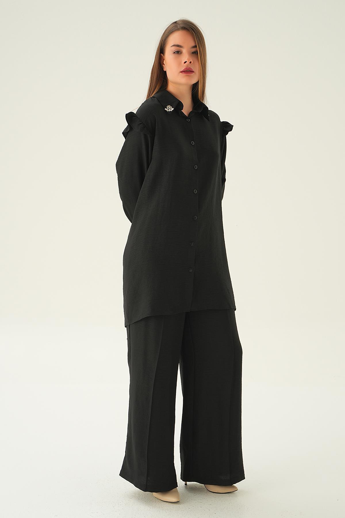 Siyah Yaka Taşlı Tunik Pantolon Takım 6762A - 4