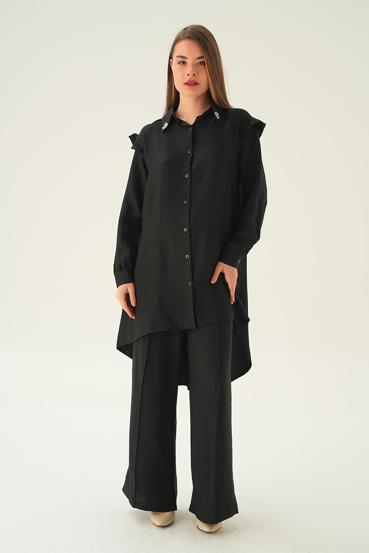 Siyah Yaka Taşlı Tunik Pantolon Takım 6762A - 6