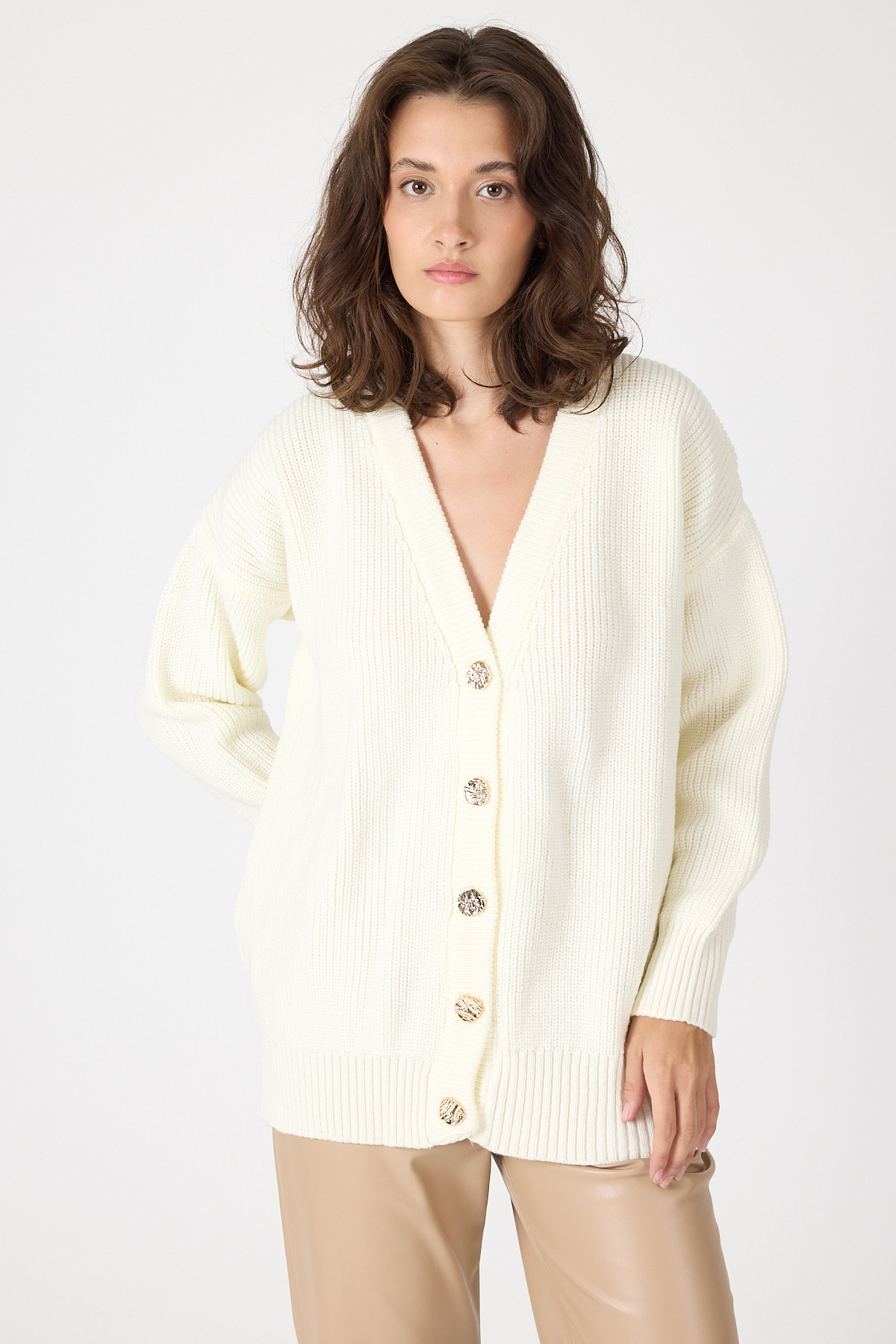 Kemik V Yaka Düğmeli Örme Kadın Hırka 6765 - 1