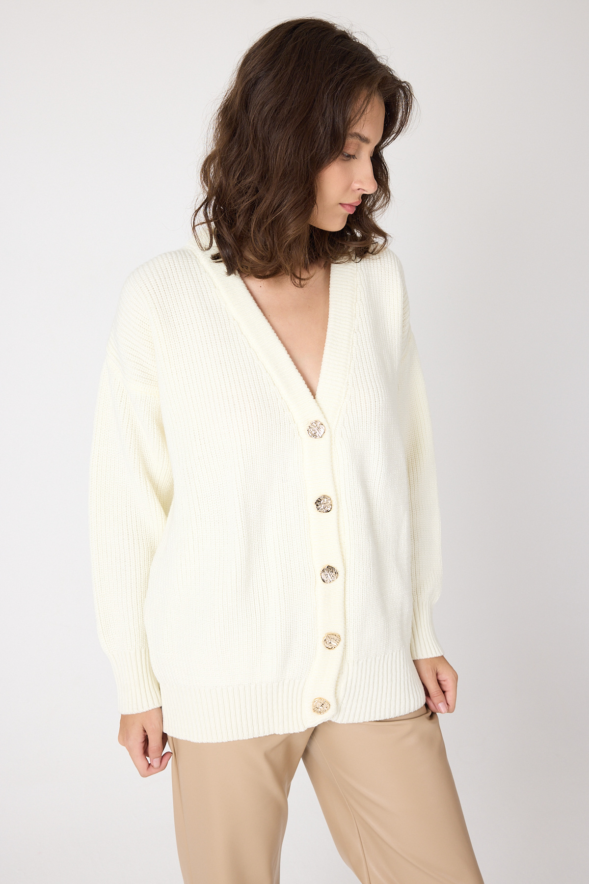 Kemik V Yaka Düğmeli Örme Kadın Hırka 6765 - 6