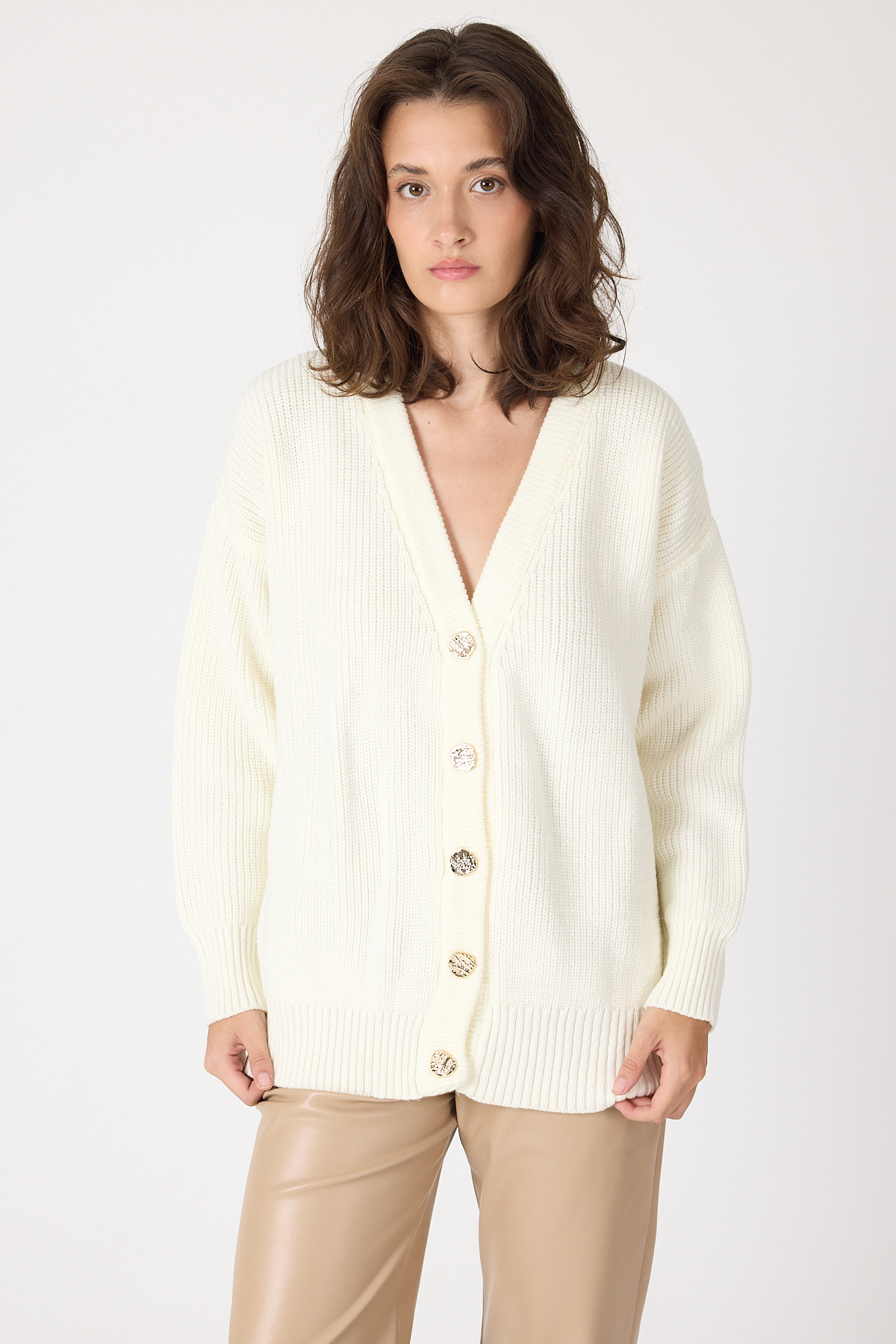 Kemik V Yaka Düğmeli Örme Kadın Hırka 6765 - 7