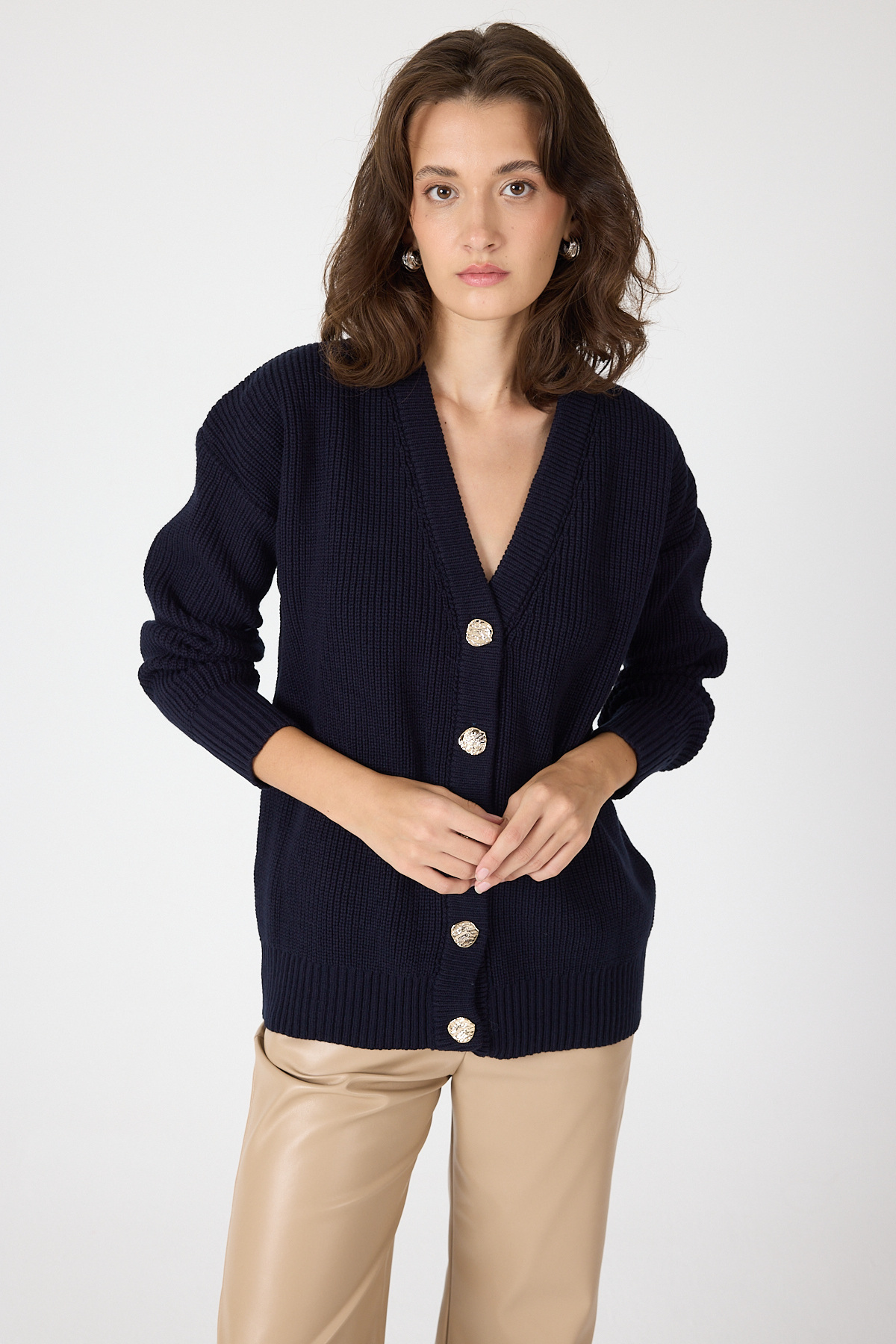 Laci V Yaka Düğmeli Örme Kadın Hırka 6765 