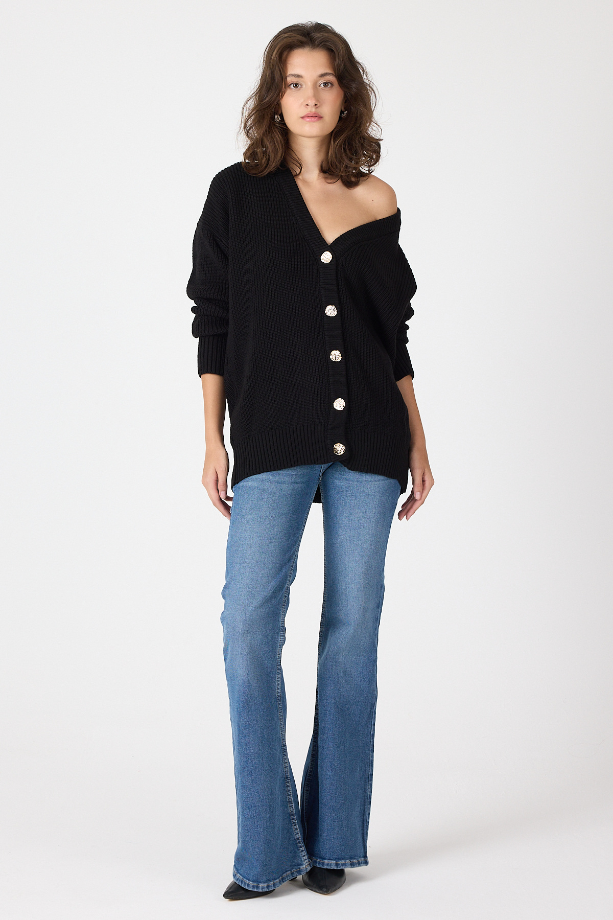 Siyah V Yaka Düğmeli Örme Kadın Hırka 6765 - RAYS