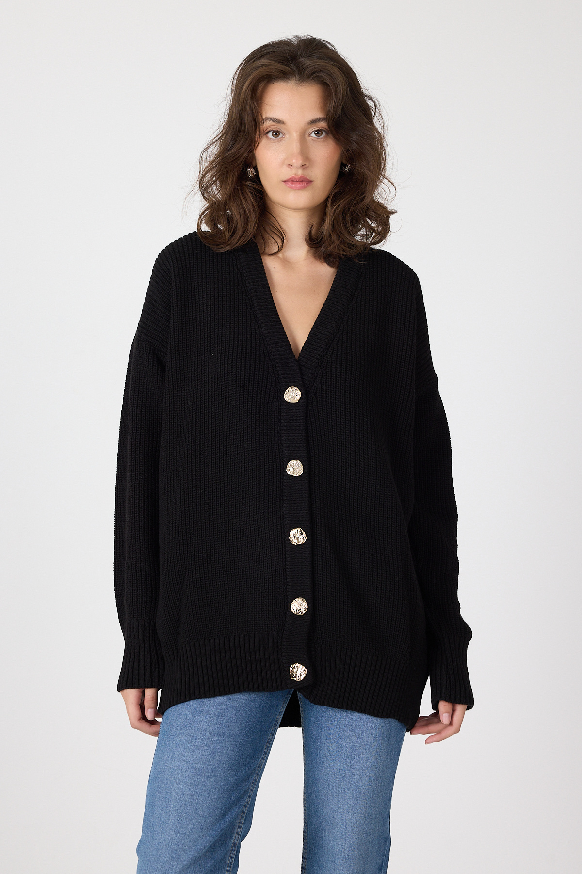 Siyah V Yaka Düğmeli Örme Kadın Hırka 6765 - RAYS