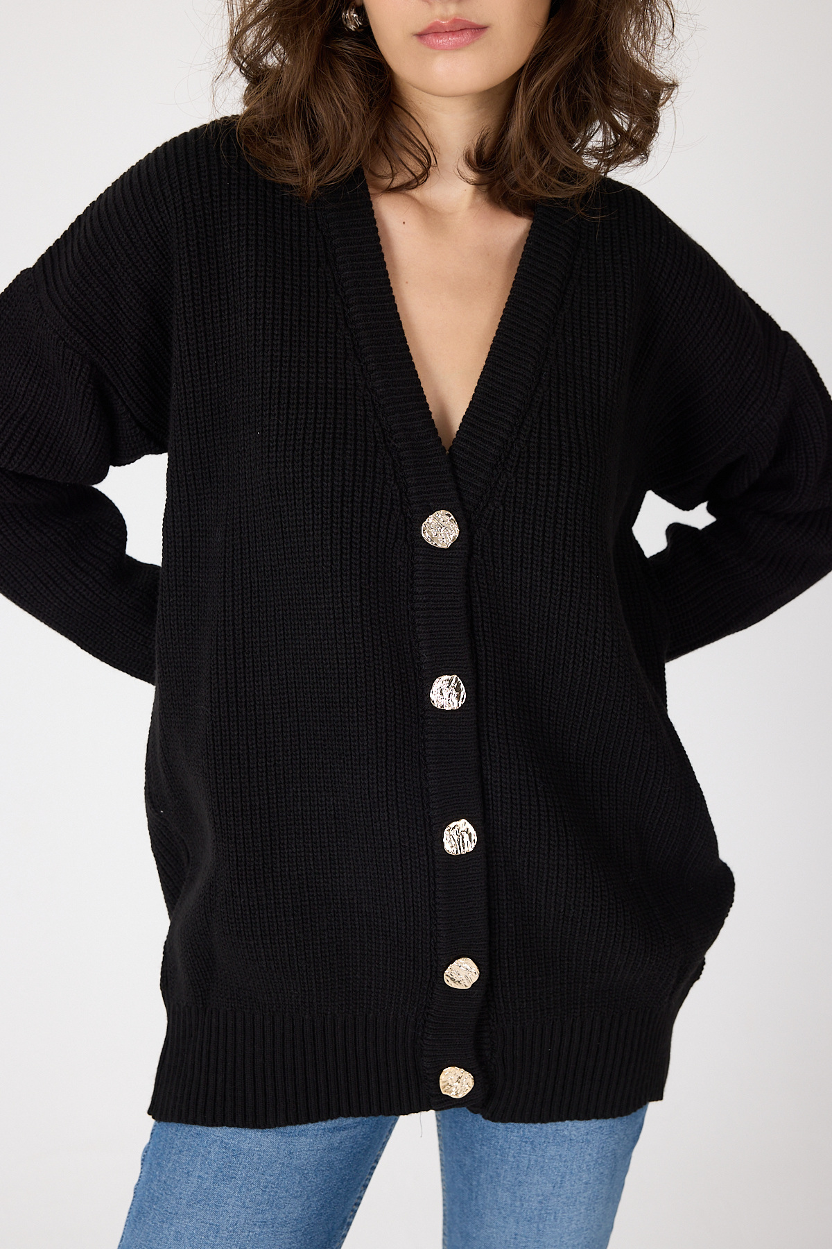 Siyah V Yaka Düğmeli Örme Kadın Hırka 6765 - 4