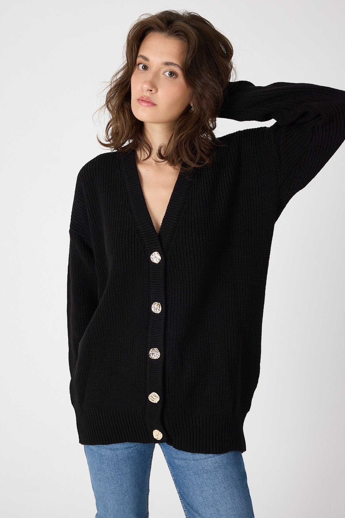 Siyah V Yaka Düğmeli Örme Kadın Hırka 6765 