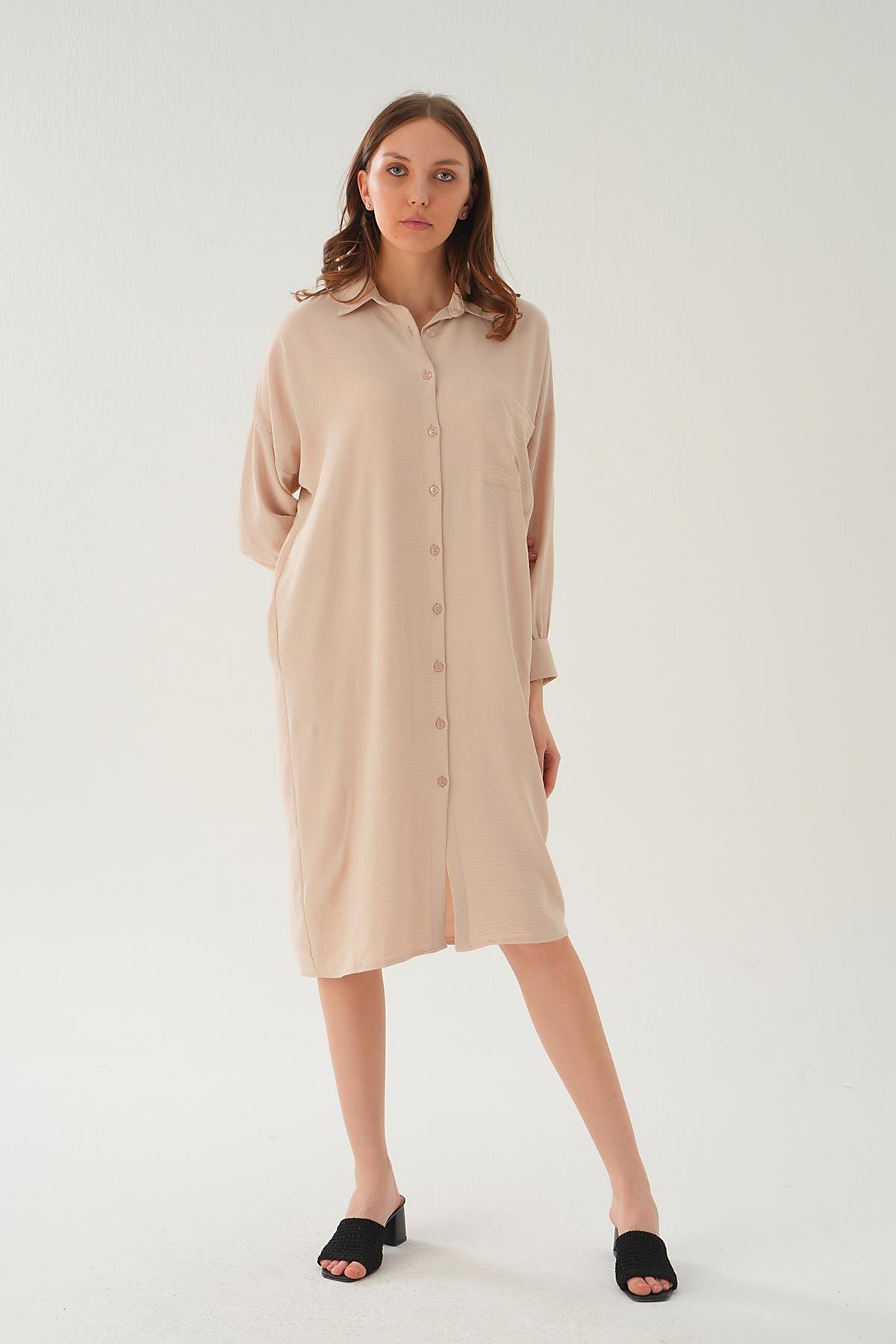 Bej Cep Detay Uzun Tunik 6773-1 - 1