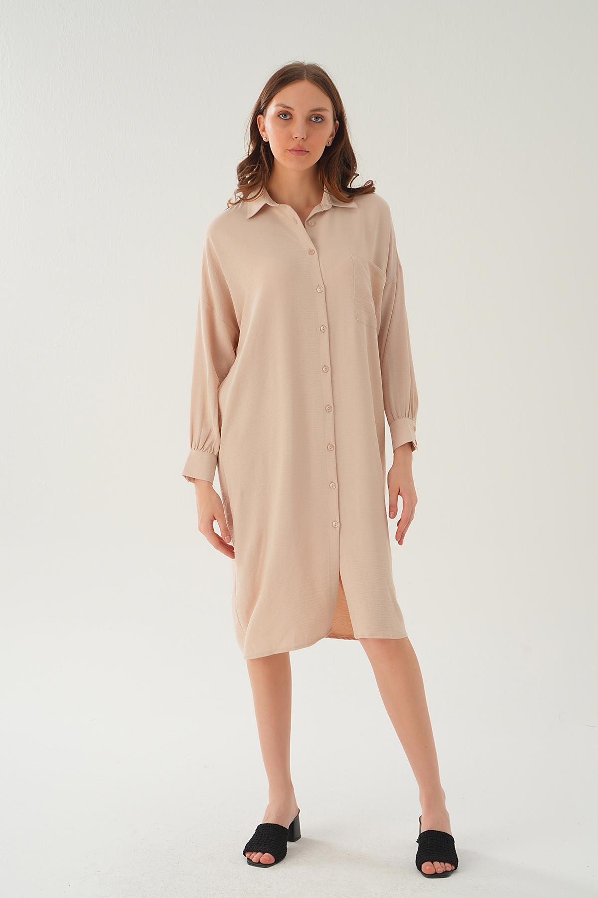 Bej Cep Detay Uzun Tunik 6773-1 - 2