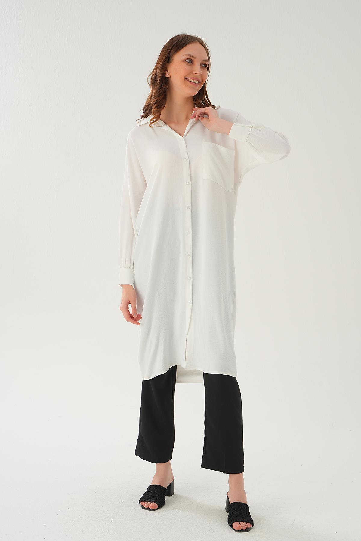 6773-1 Cep Detay Uzun Tunik Ekru - 2