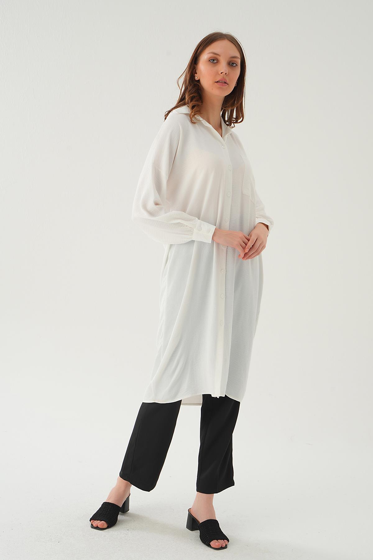 6773-1 Cep Detay Uzun Tunik Ekru - 3