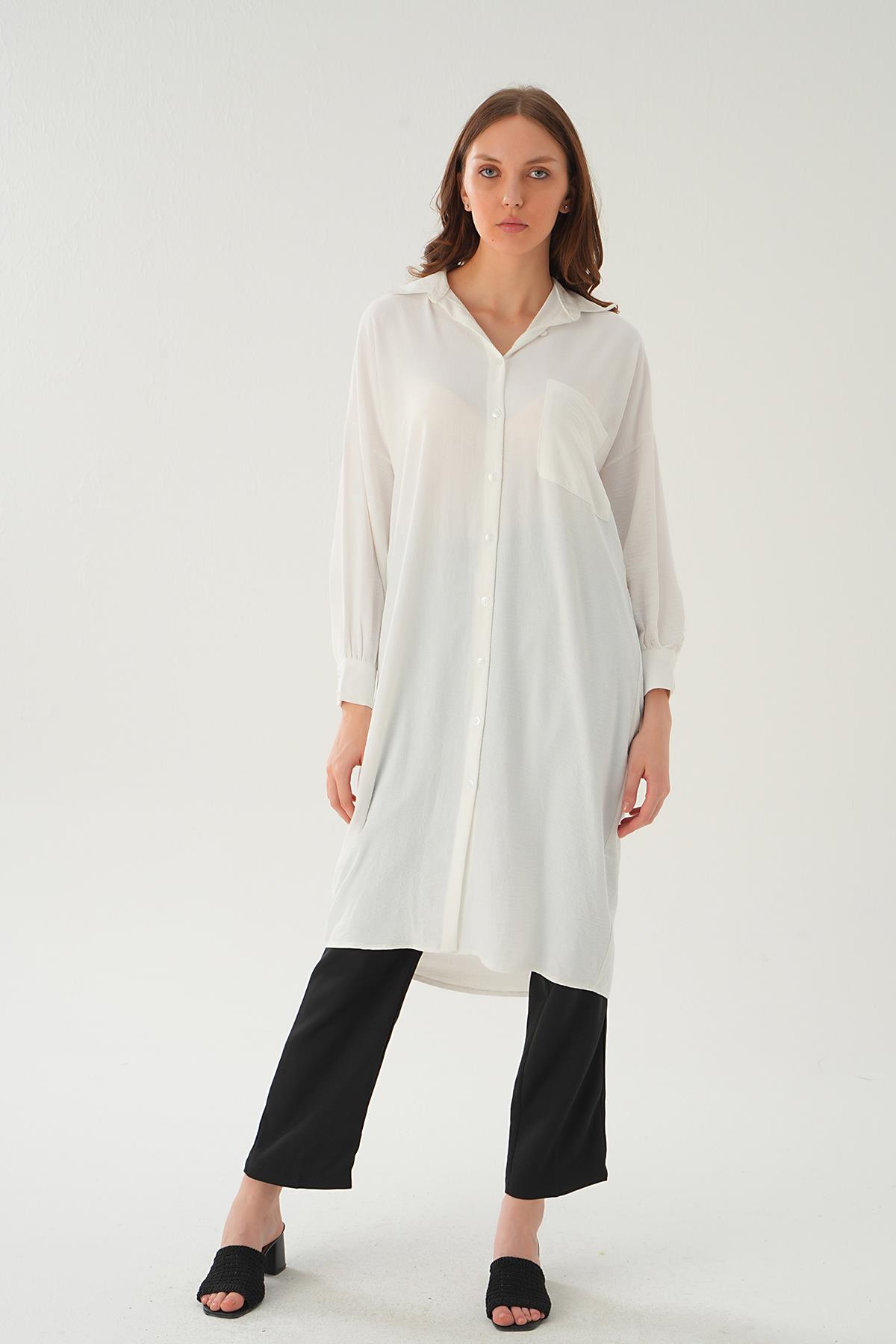 6773-1 Cep Detay Uzun Tunik Ekru - 6