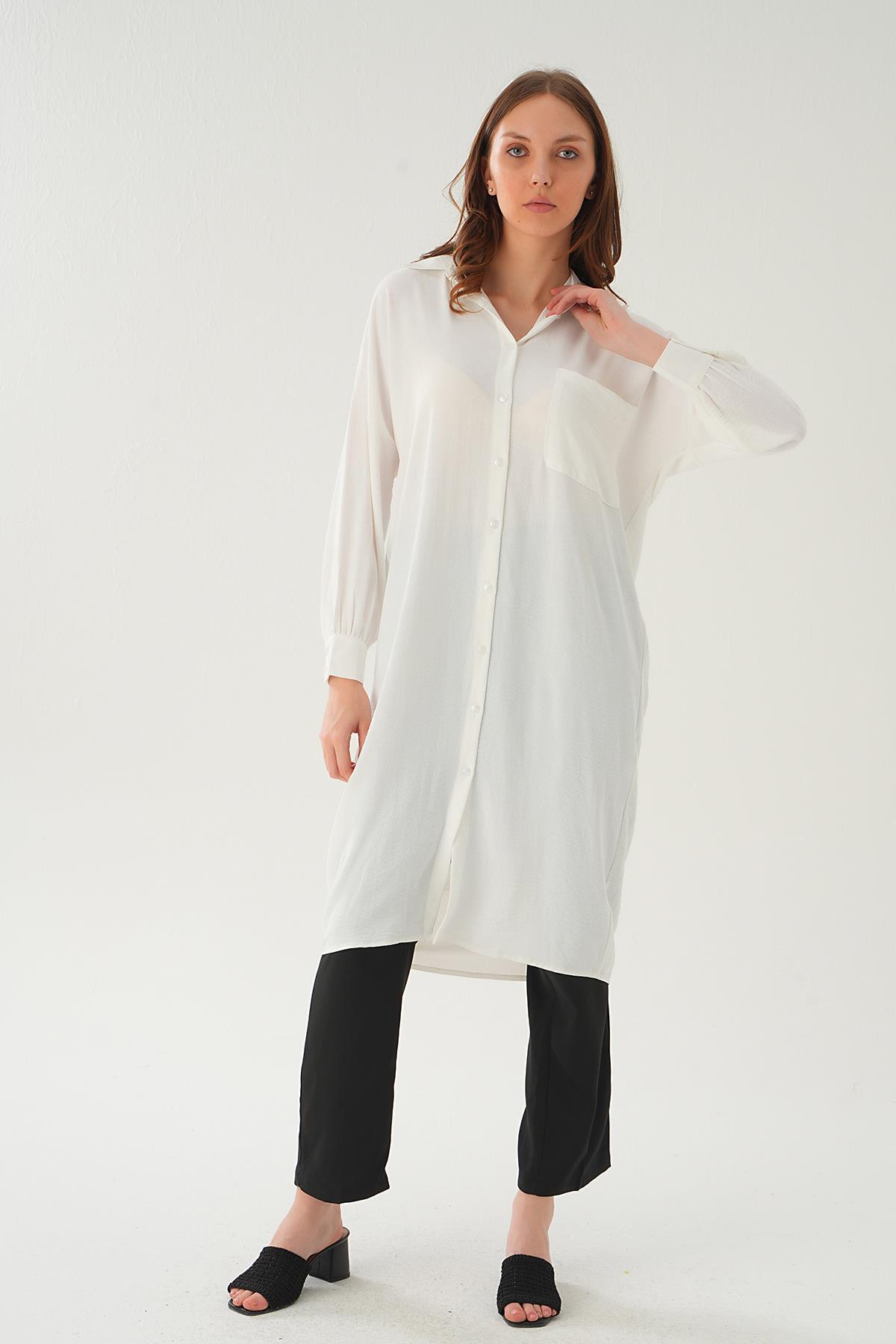 Ekru Cep Detay Uzun Tunik 6773-1 - 1
