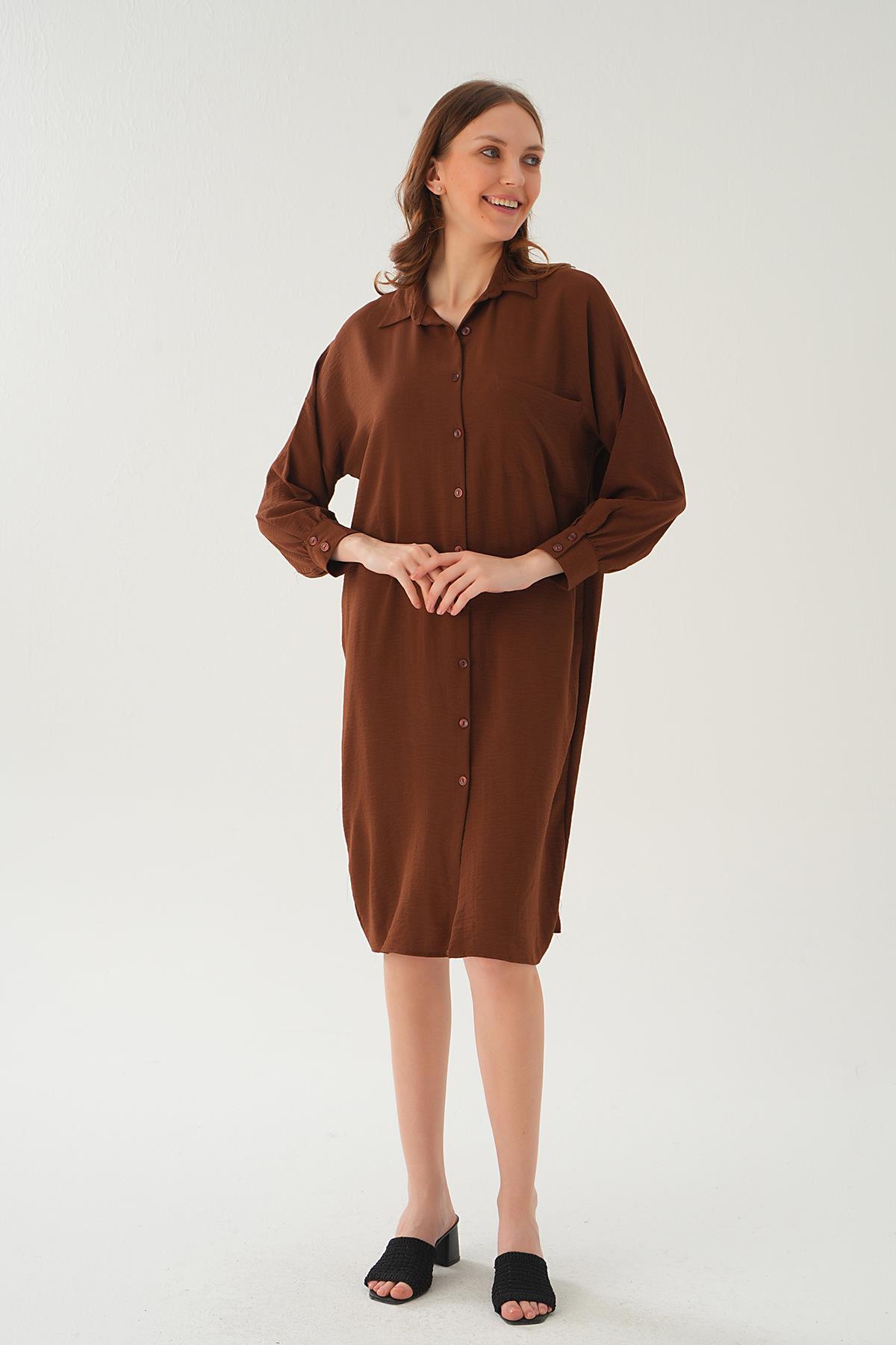 Kahve Cep Detay Uzun Tunik 6773-1 - 1