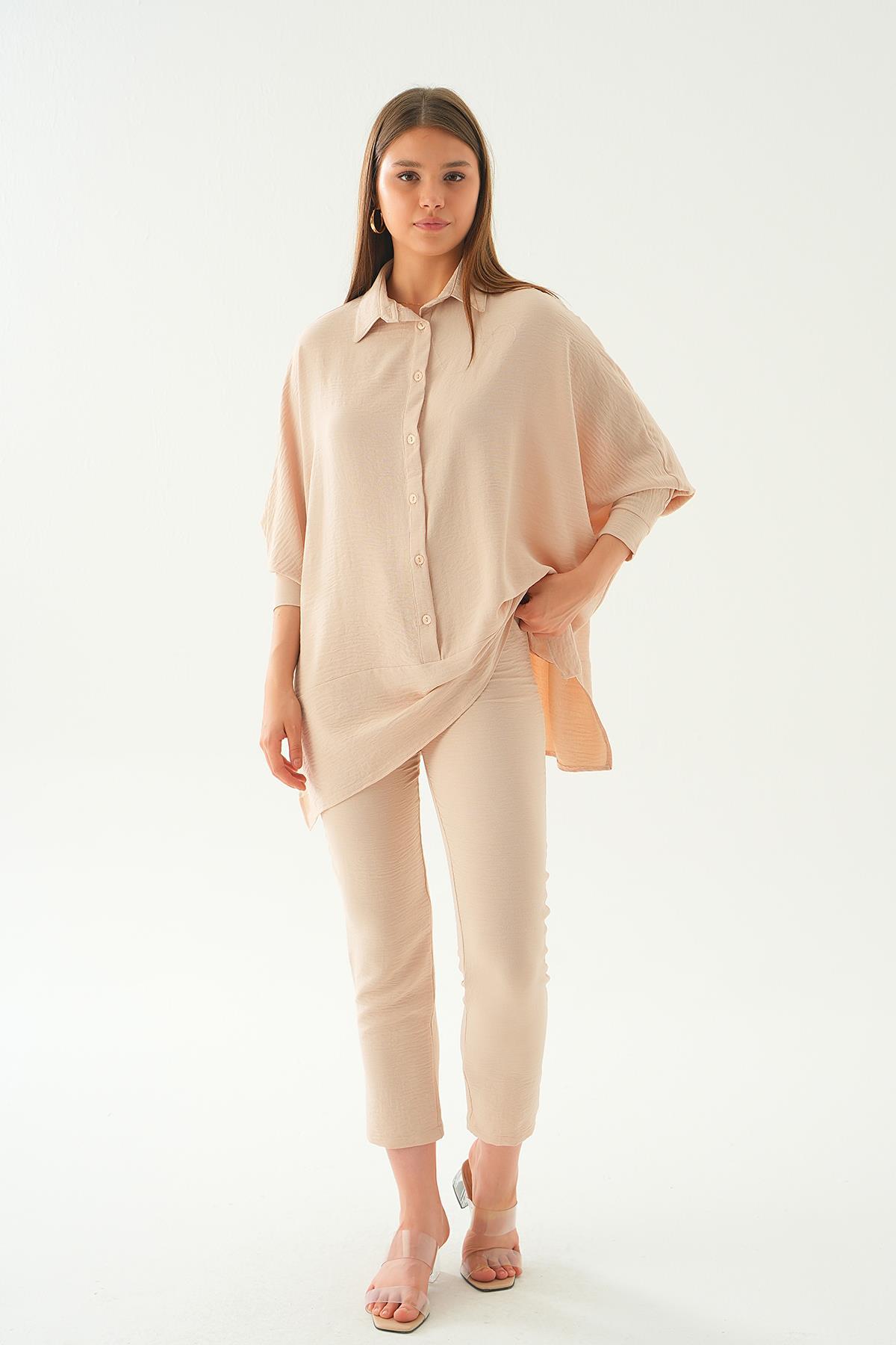 6775A Etek Parça Detay Pantolon Takım Bej 