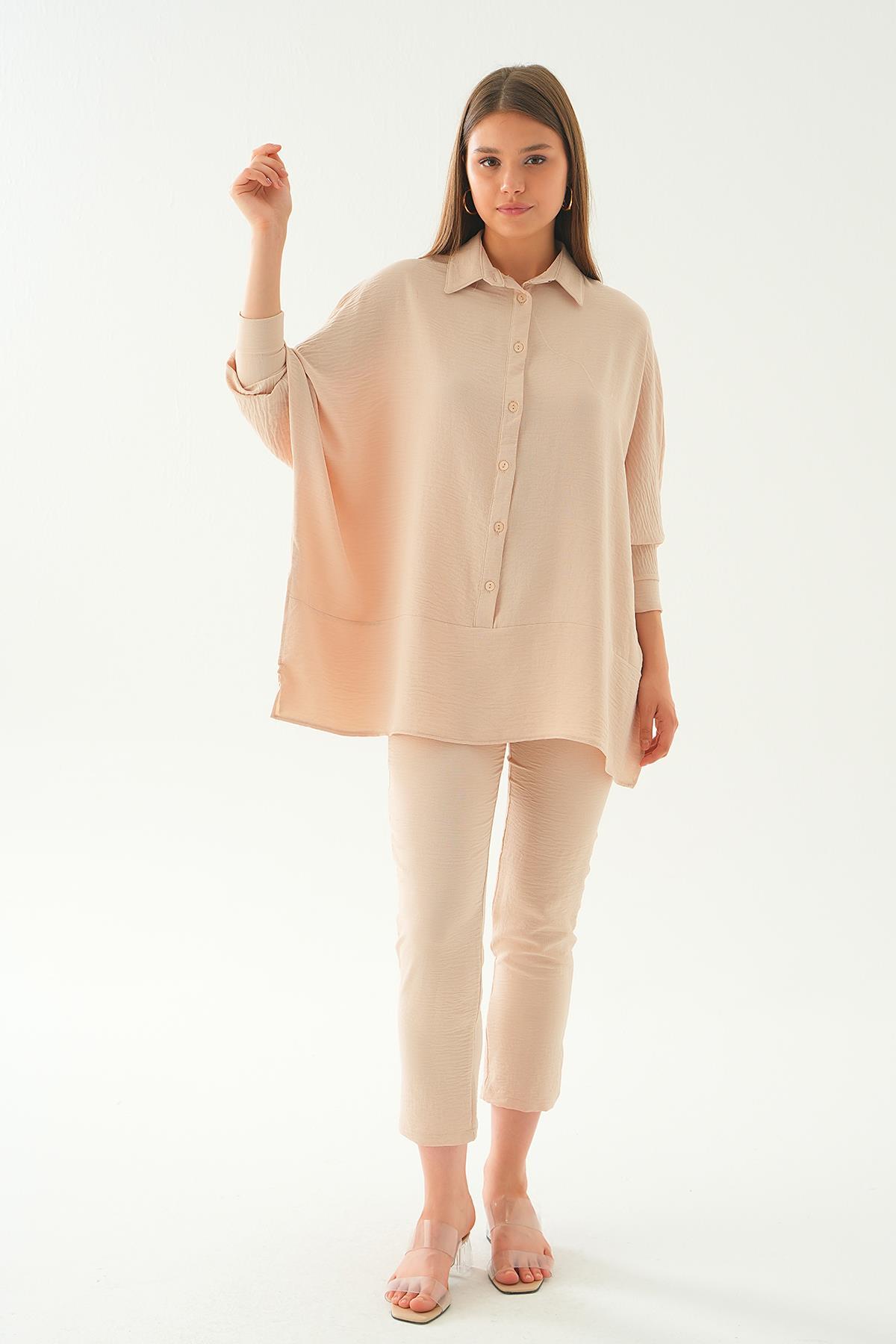 6775A Etek Parça Detay Pantolon Takım Bej - 3