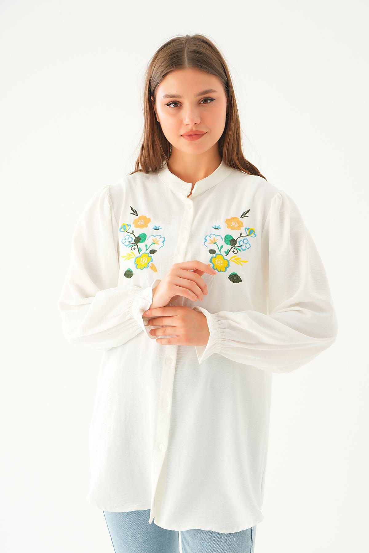 6781A Kol Lastik Nakışlı Tunik Ekru - 2