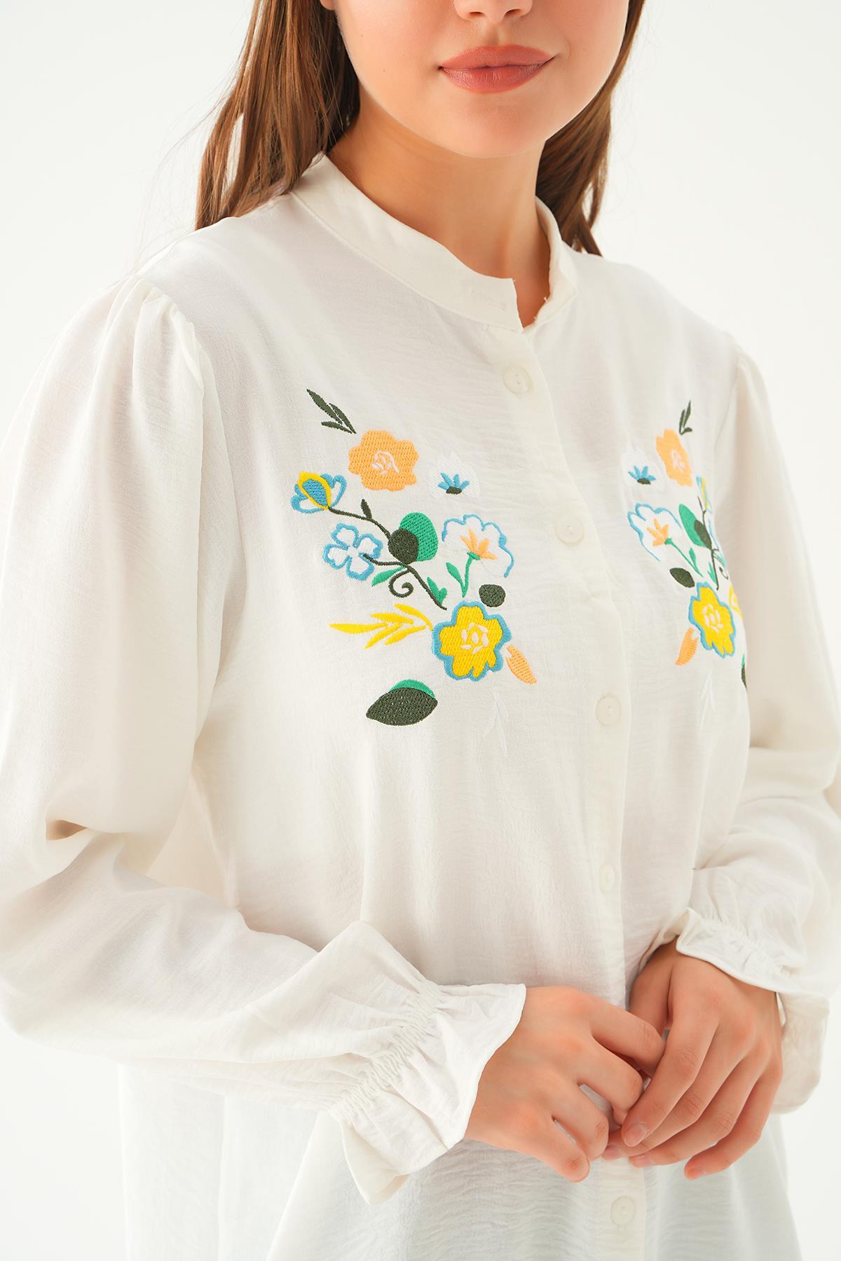 6781A Kol Lastik Nakışlı Tunik Ekru - 6