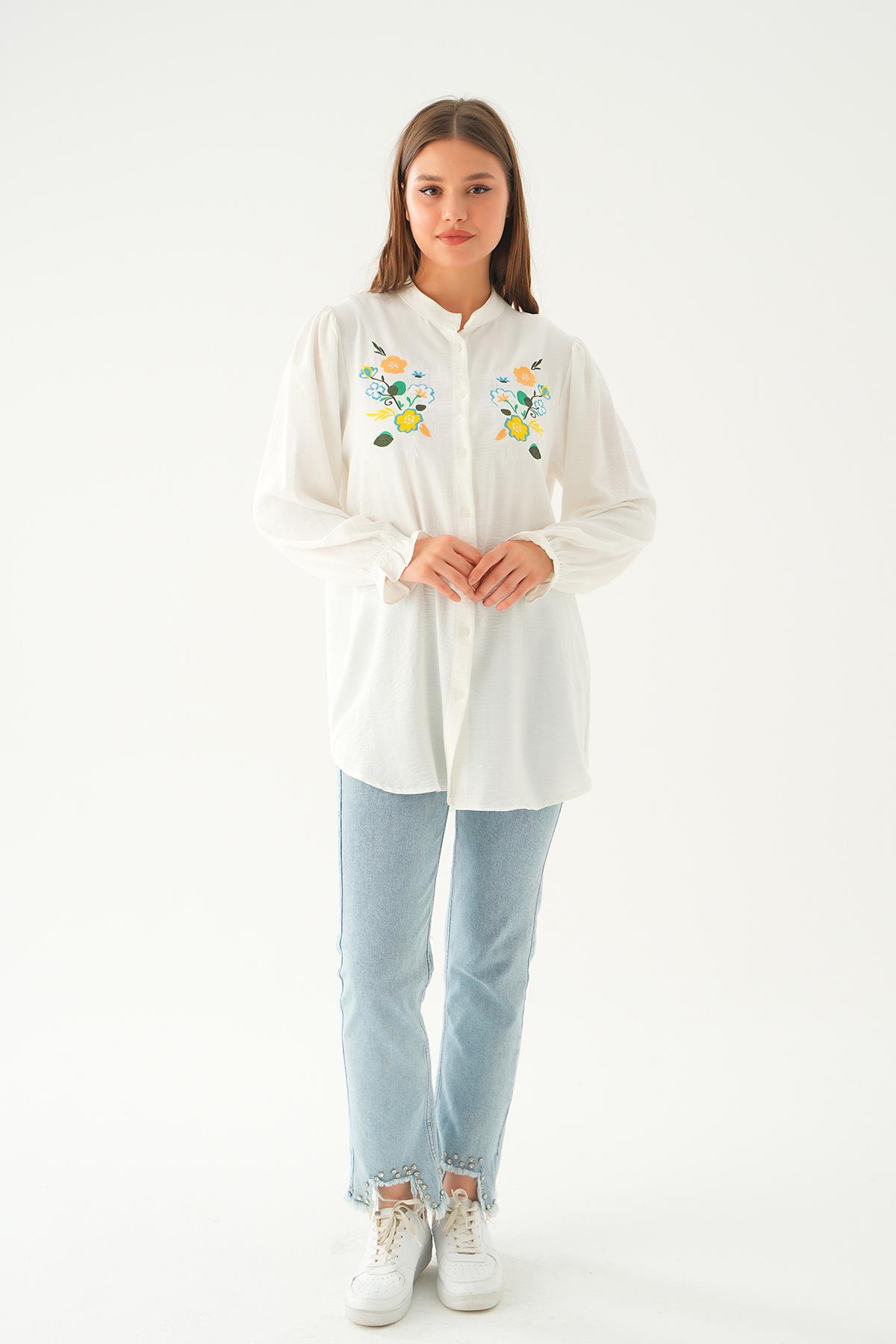 Ekru Kol Lastik Nakışlı Tunik 6781A 