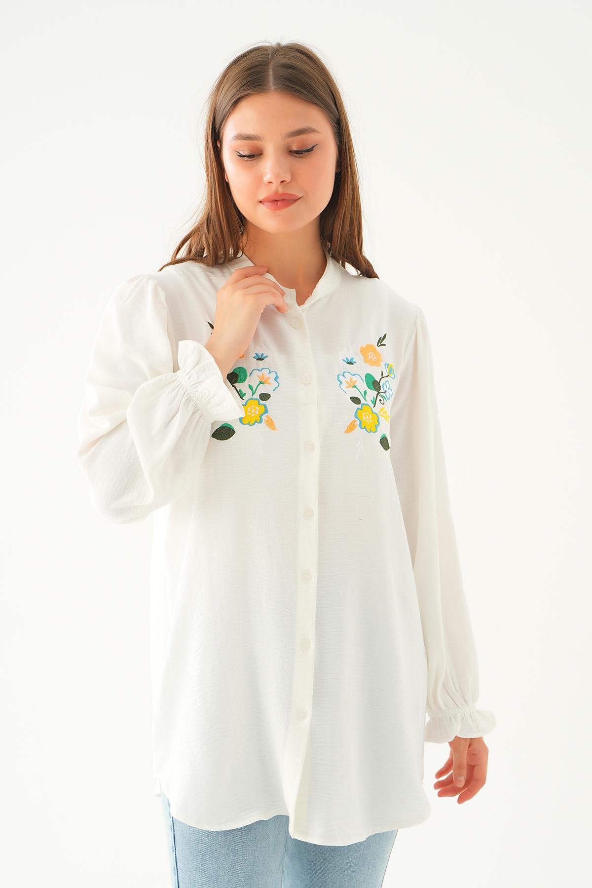 Ekru Kol Lastik Nakışlı Tunik 6781A - 3