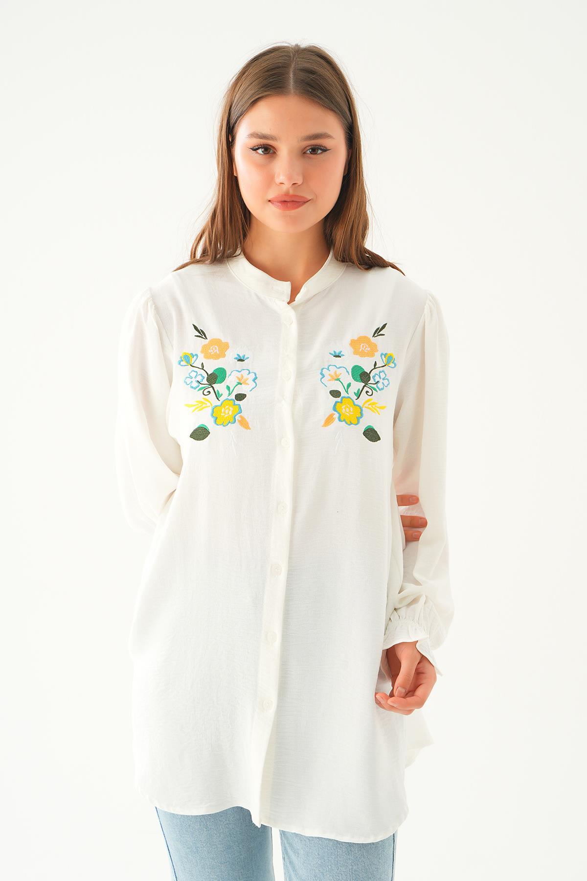 Ekru Kol Lastik Nakışlı Tunik 6781A - 4