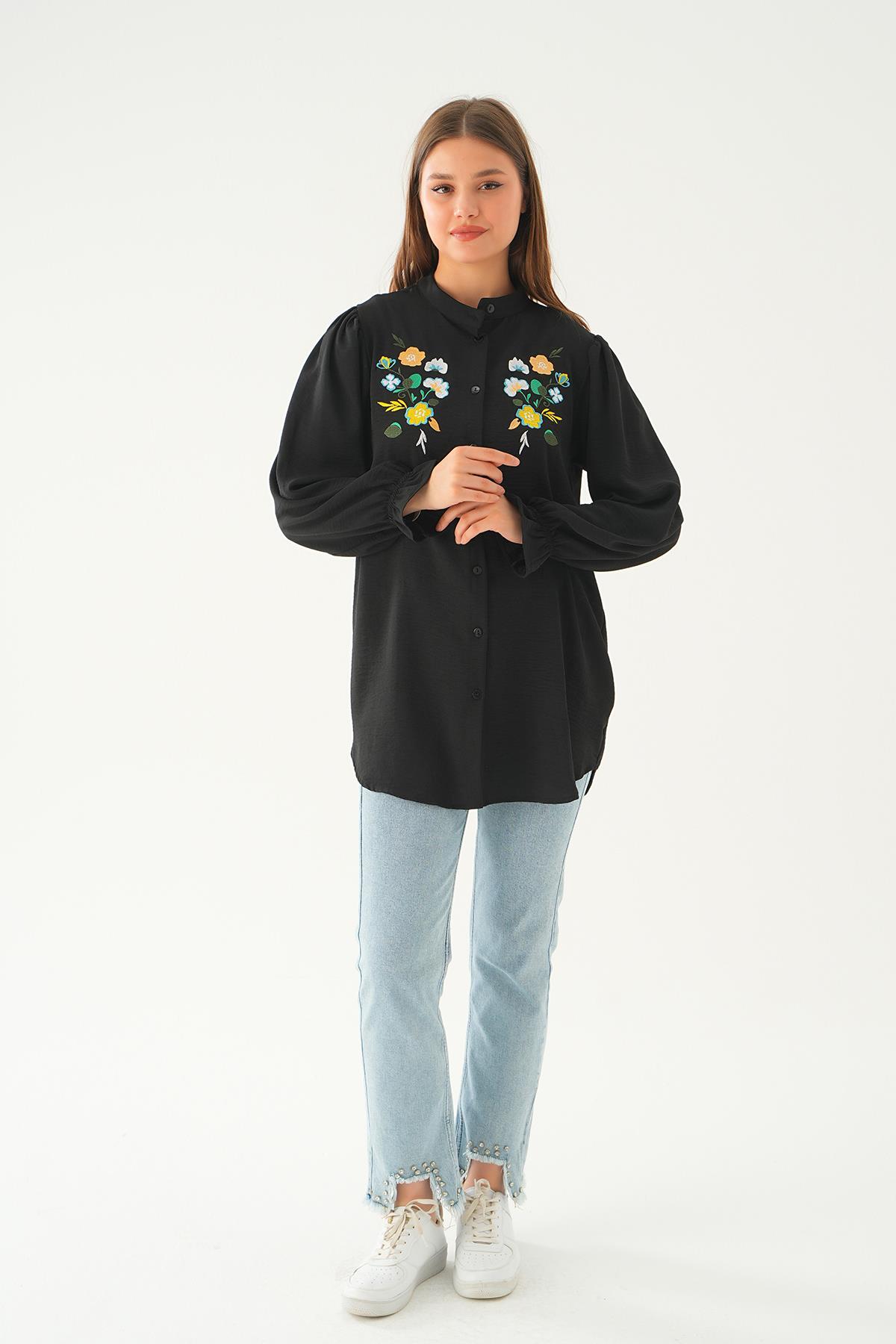 6781A Kol Lastik Nakışlı Tunik Siyah - 6