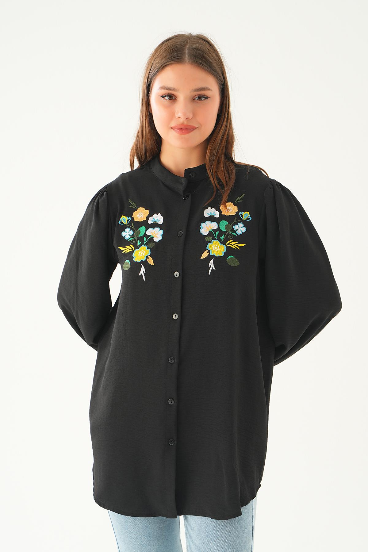 6781A Kol Lastik Nakışlı Tunik Siyah - 2