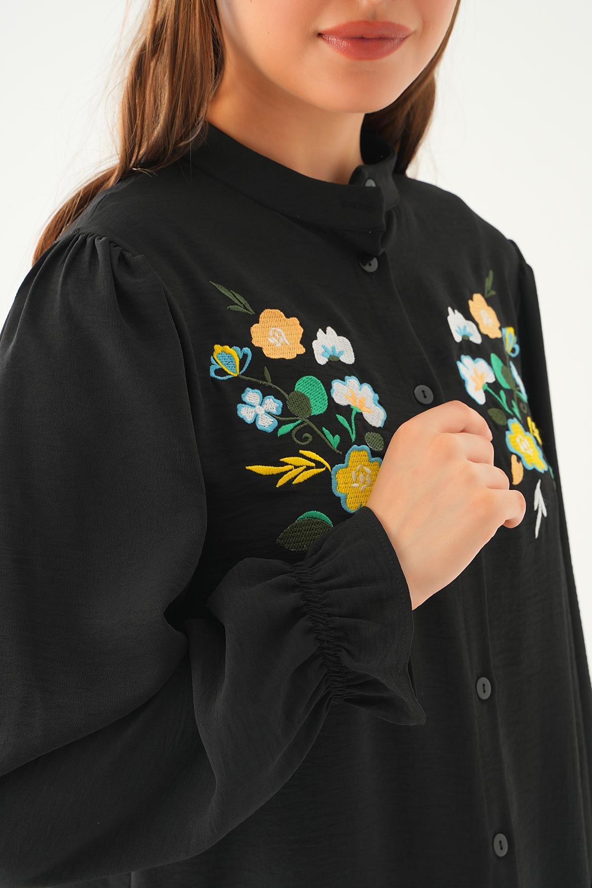 6781A Kol Lastik Nakışlı Tunik Siyah - 5