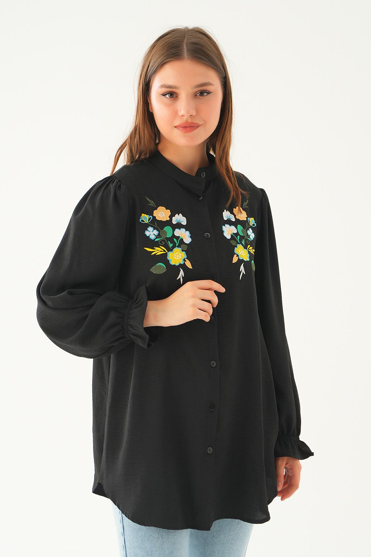 Siyah Kol Lastik Nakışlı Tunik 6781A 