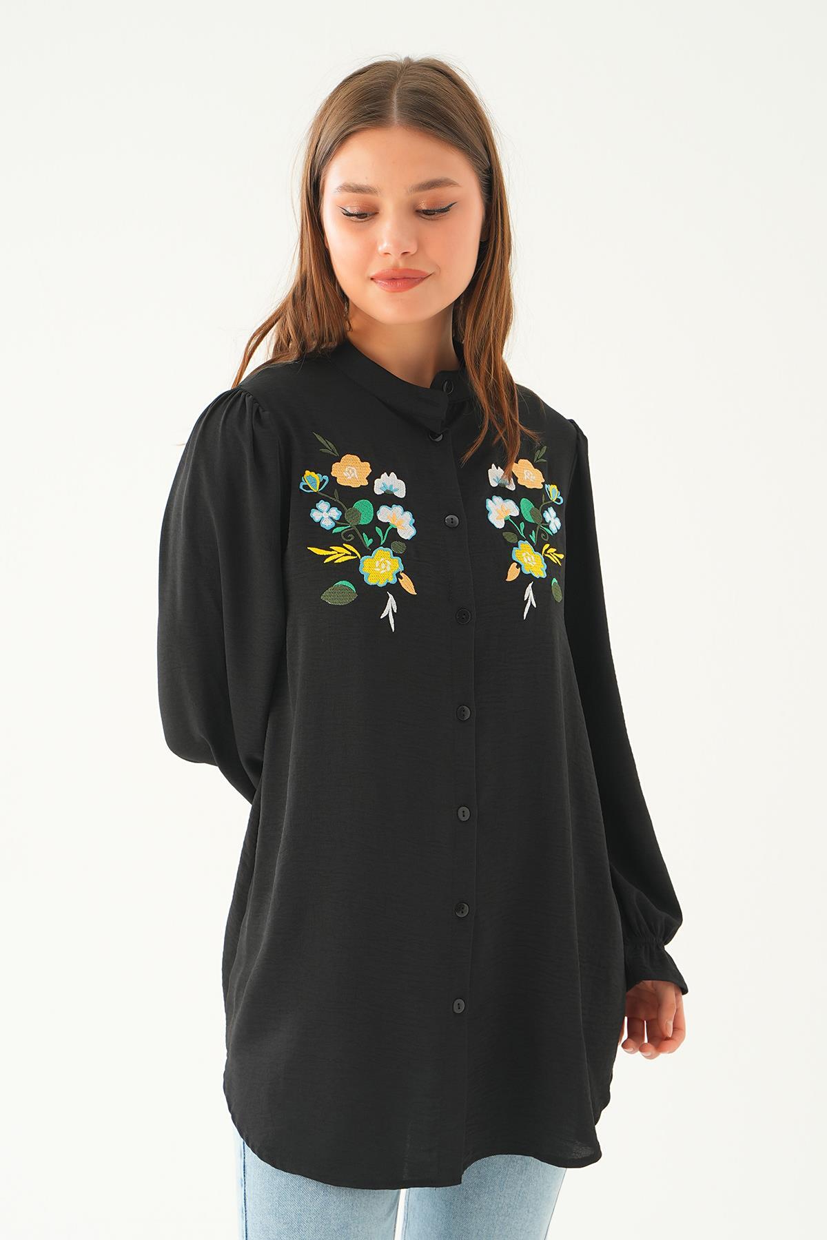 Siyah Kol Lastik Nakışlı Tunik 6781A - 3