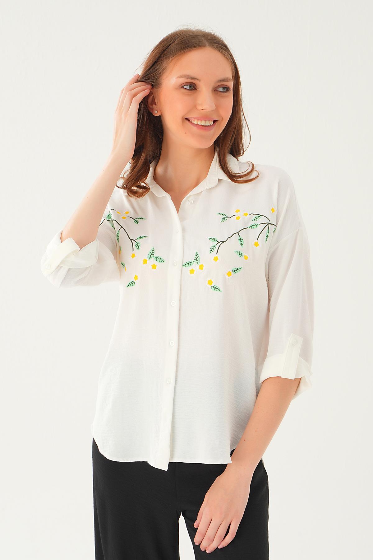 Ekru Çiçek Nakış Detay Gömlek 6787A - 2