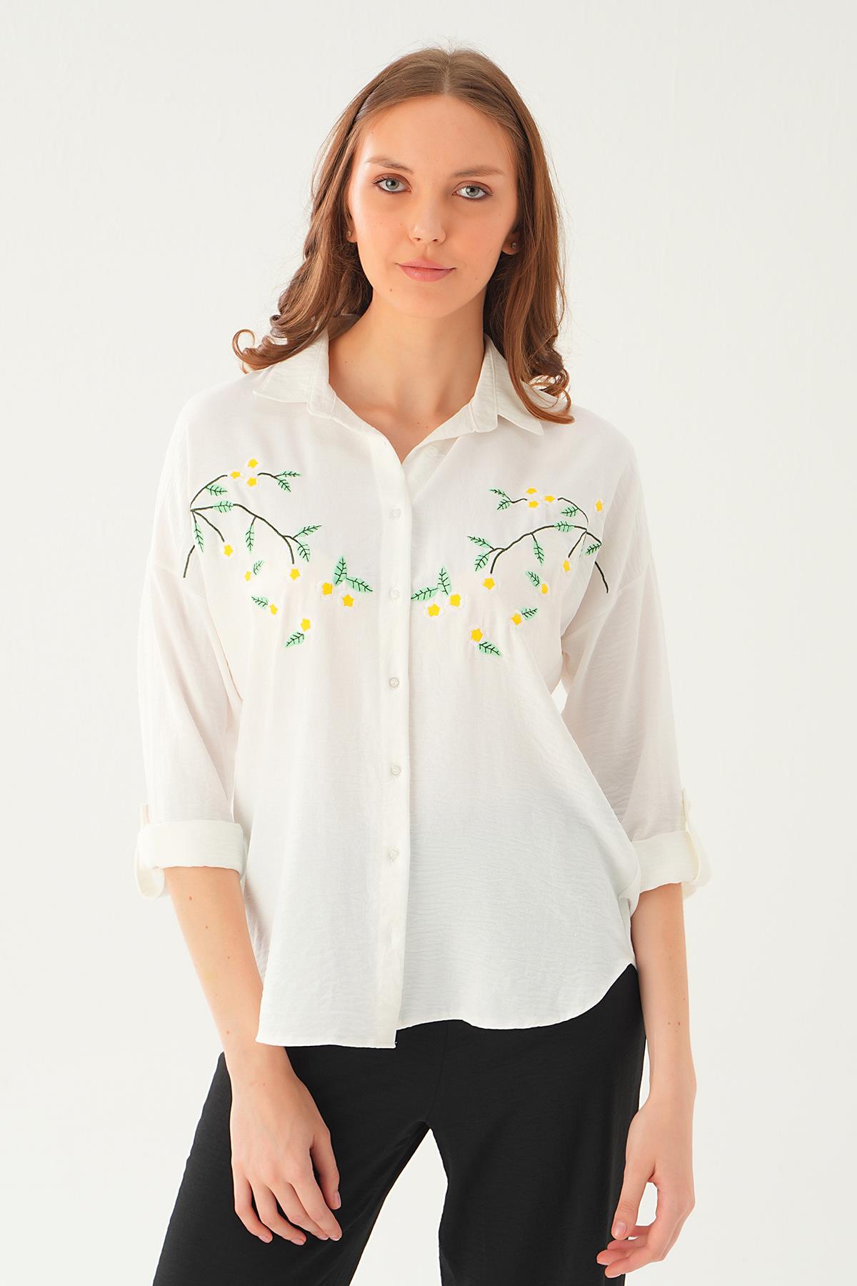 Ekru Çiçek Nakış Detay Gömlek 6787A - 5