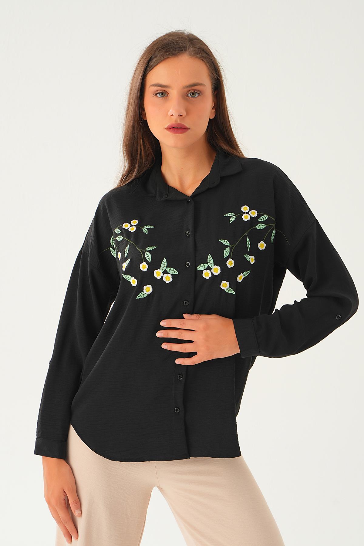 Siyah Çiçek Nakış Detay Gömlek 6787A - 1