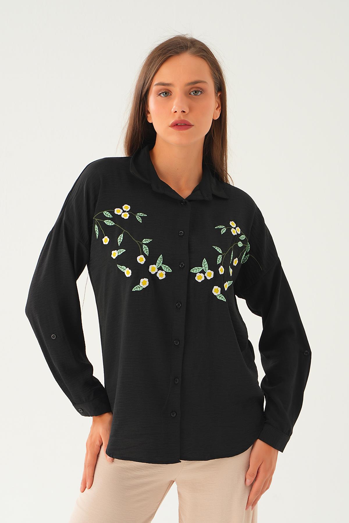 Siyah Çiçek Nakış Detay Gömlek 6787A - 2