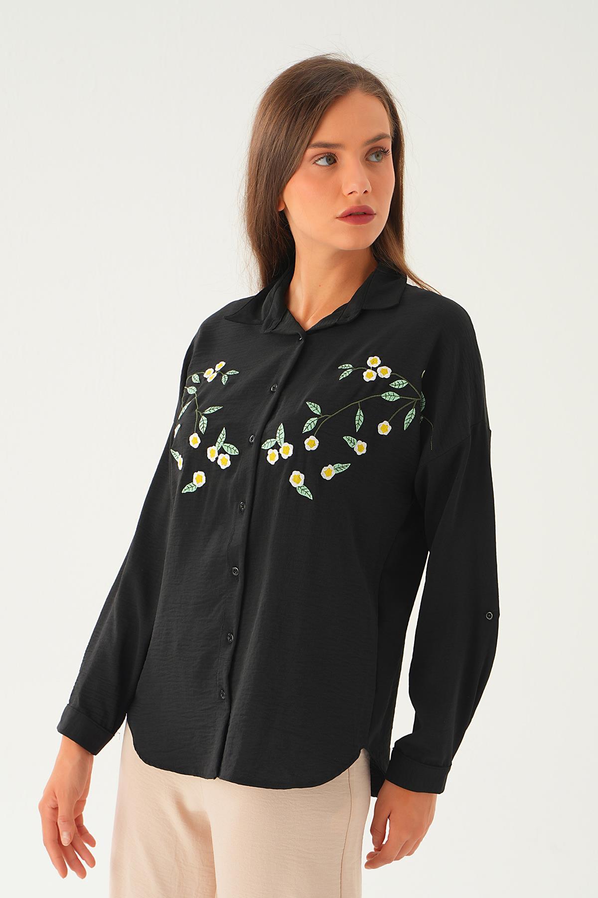 Siyah Çiçek Nakış Detay Gömlek 6787A - 4