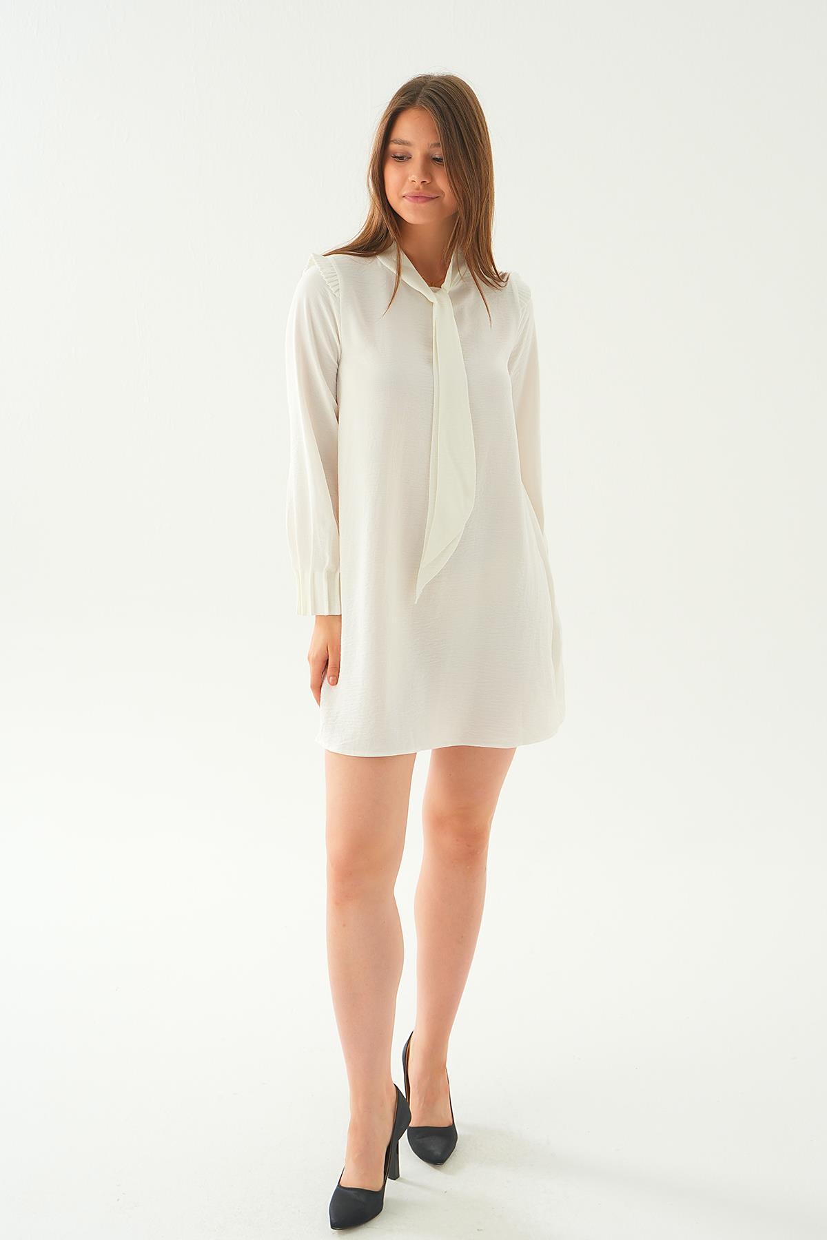 Ekru Omuz Fırfırlı Fiyonklu Tunik 6796A - 3